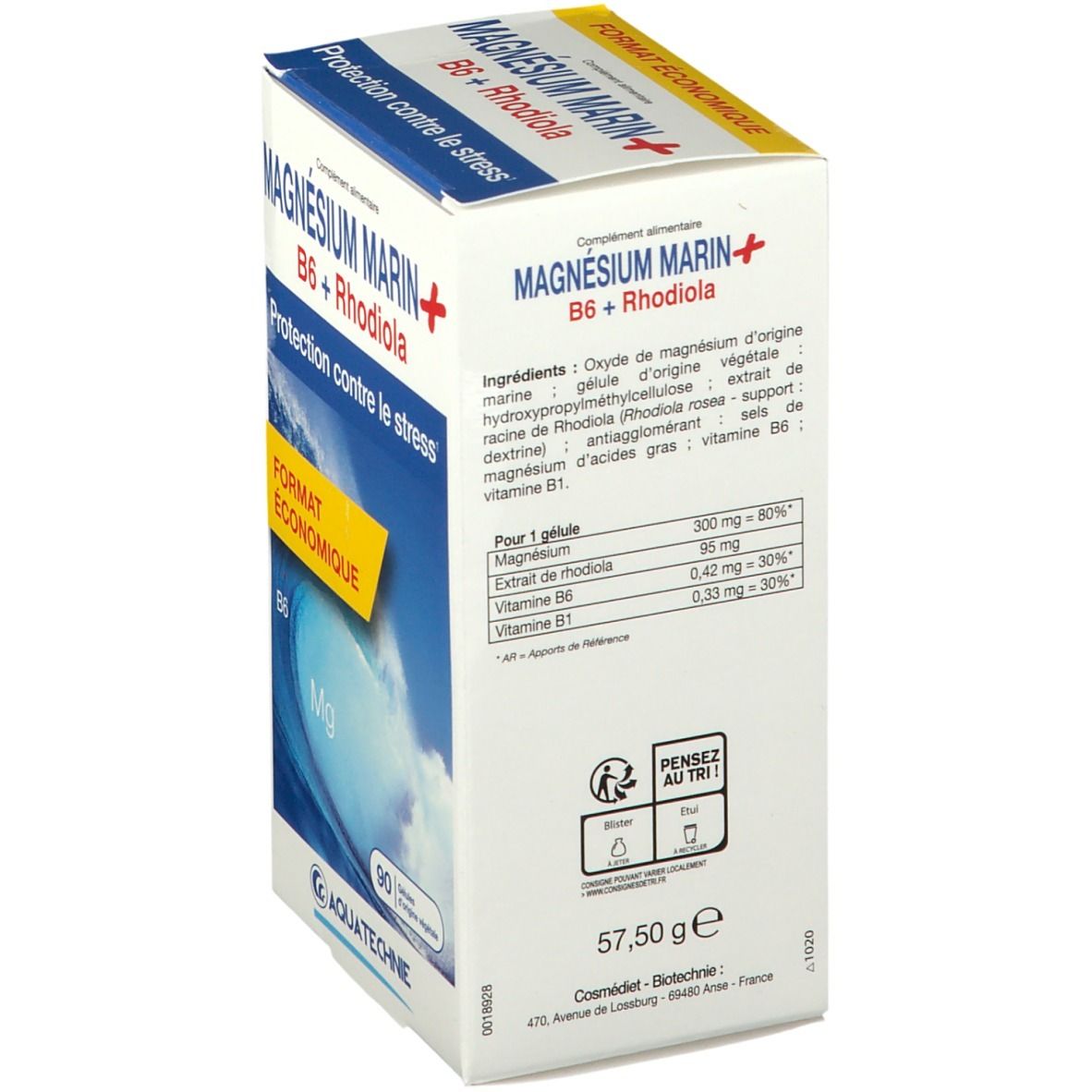 Dos de la boîte AQUATECHNIE Magnésium Marin B6 + Rhodiola. Ingrédients, informations nutritionnelles, poids 57,50g.