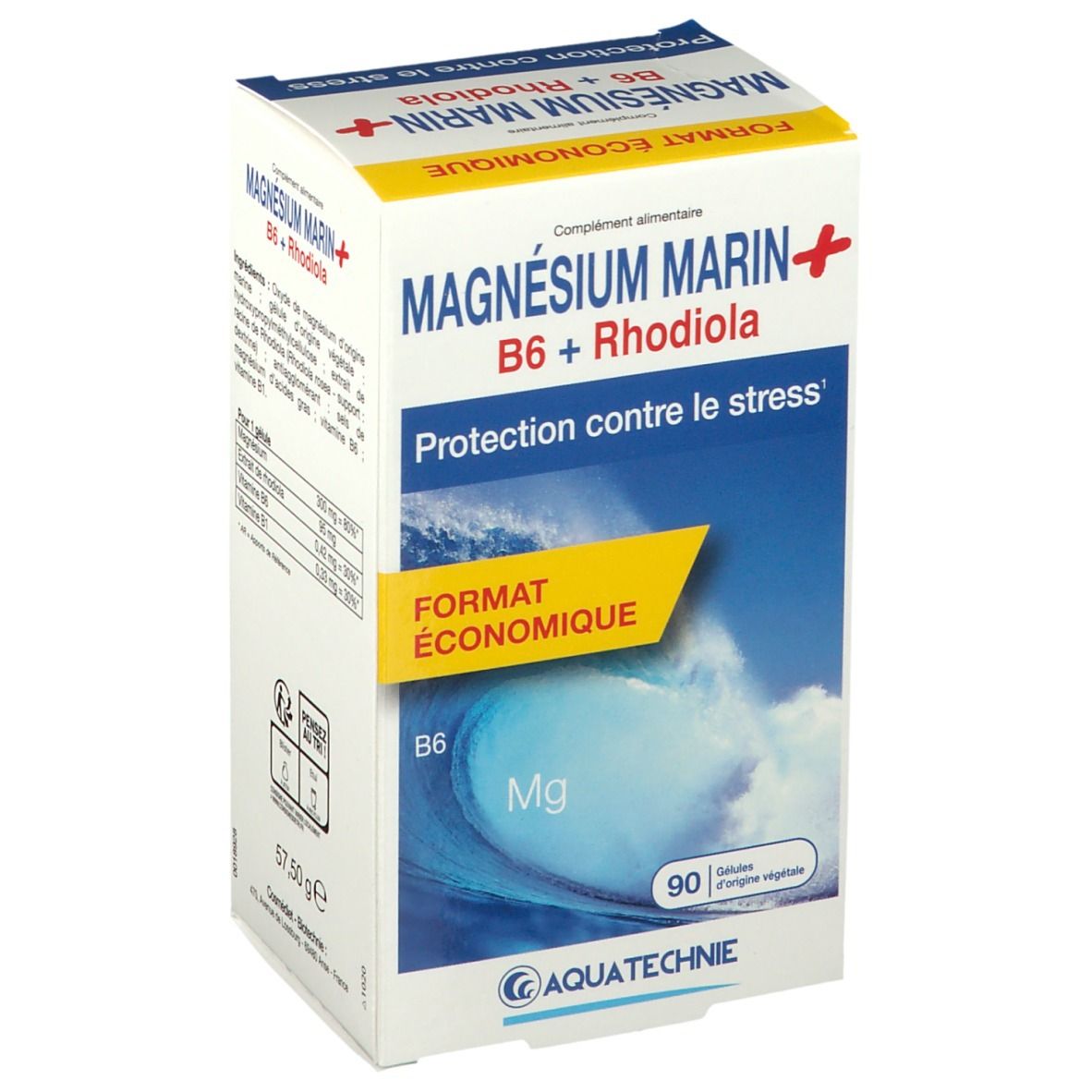 Boîte AQUATECHNIE Magnésium Marin B6 + Rhodiola. Protection contre le stress. 90 gélules. Motif vague et logo.