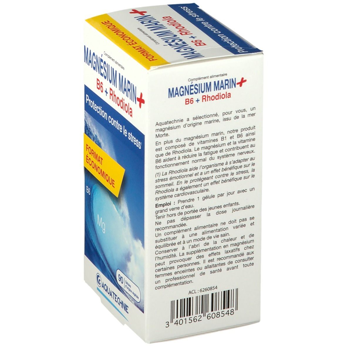Boîte AQUATECHNIE Magnésium Marin B6 + Rhodiola. Texte, ingrédients, conseils d'utilisation. 90 gélules. Logo.