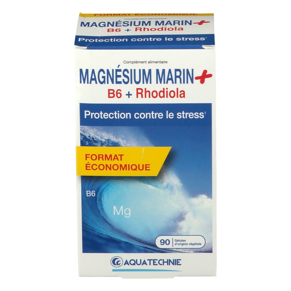 Boîte AQUATECHNIE Magnésium Marin B6 + Rhodiola. Protection contre le stress. 90 gélules. Motif vague et logo.