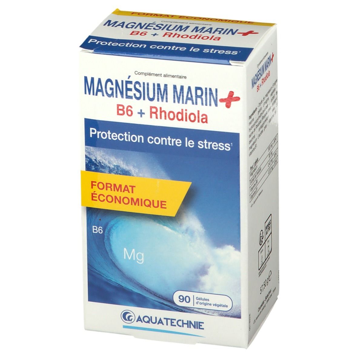 Boîte AQUATECHNIE Magnésium Marin B6 + Rhodiola. Protection contre le stress. 90 gélules. Motif vague et logo.