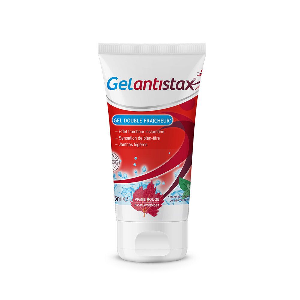 Tube blanc avec graphiques rouges et bleus. Inscription: Gelantistax Gel Double Fraîcheur. Contient vigne rouge et menthol.
