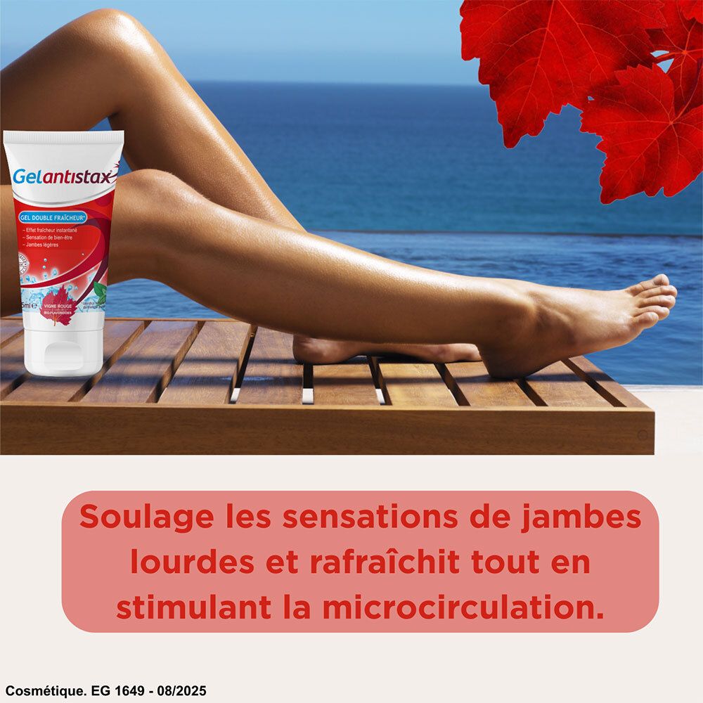Jambes sur chaise longue en bois, mer en arrière-plan. Vigne rouge. Texte: Soulage jambes lourdes et rafraîchit, stimule microcirculation.