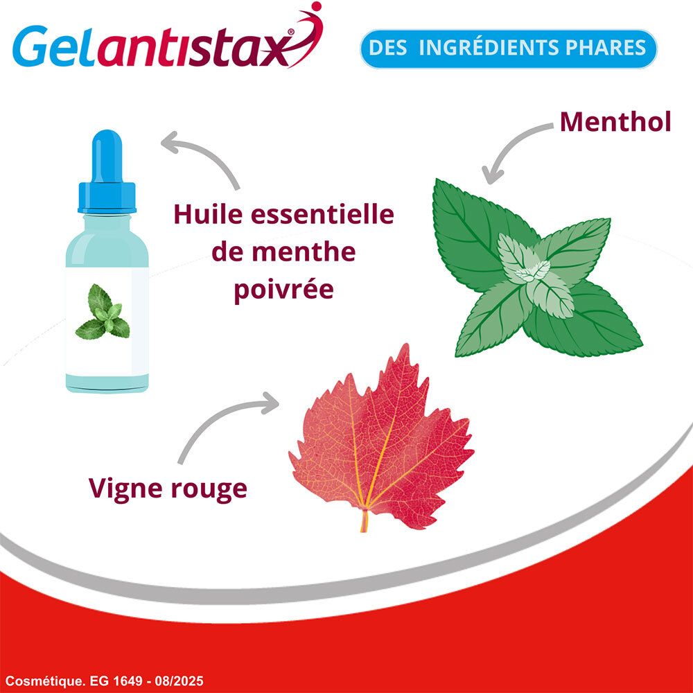 Graphique avec ingrédients: huile de menthe poivrée, vigne rouge et menthol. Flacon compte-gouttes, feuille de menthe, feuille rouge.