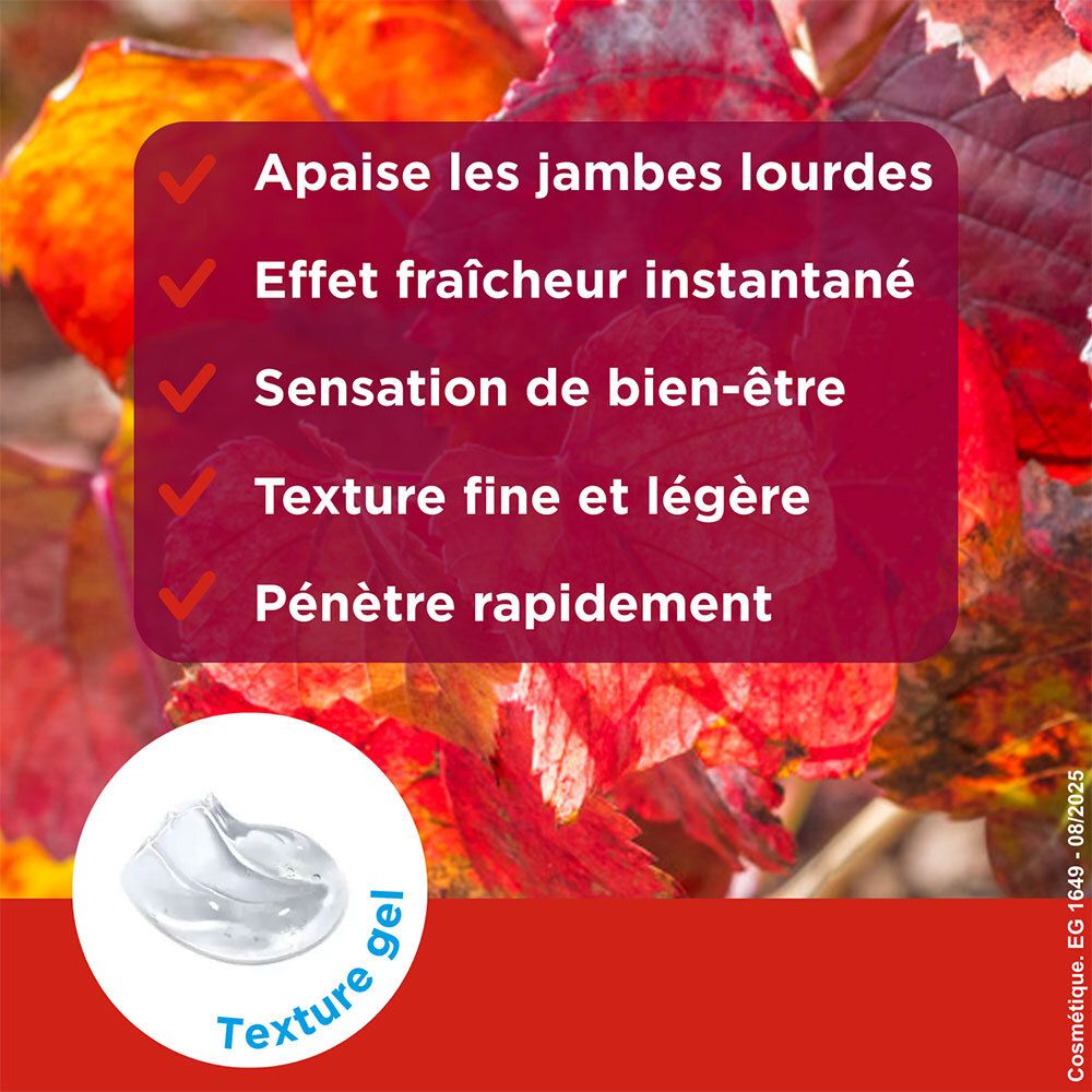 Fond rouge avec texte: Apaise jambes lourdes, fraîcheur instantanée, bien-être, texture fine, pénètre rapidement. Texture gel.