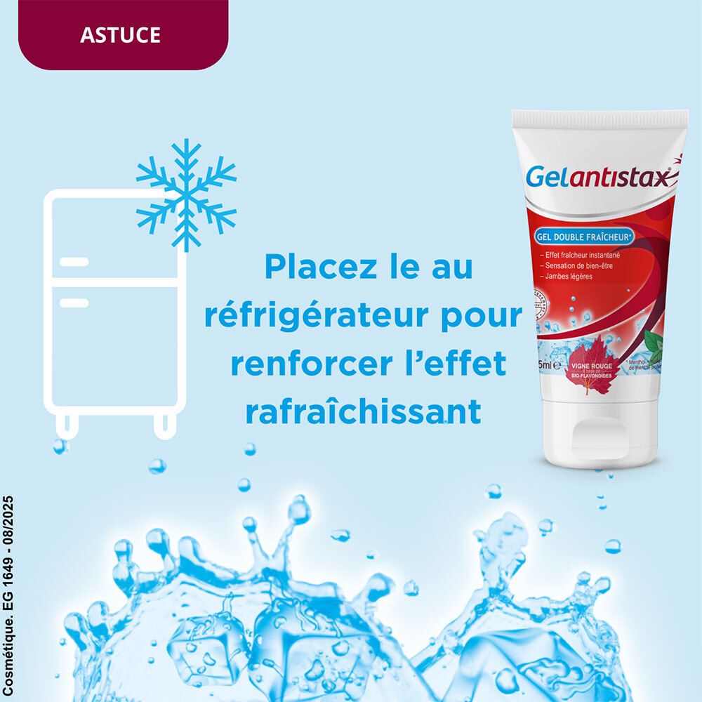 Graphique: Réfrigérateur avec texte: Conserver au réfrigérateur pour renforcer la fraîcheur. Tube Gelantistax près de l'eau.
