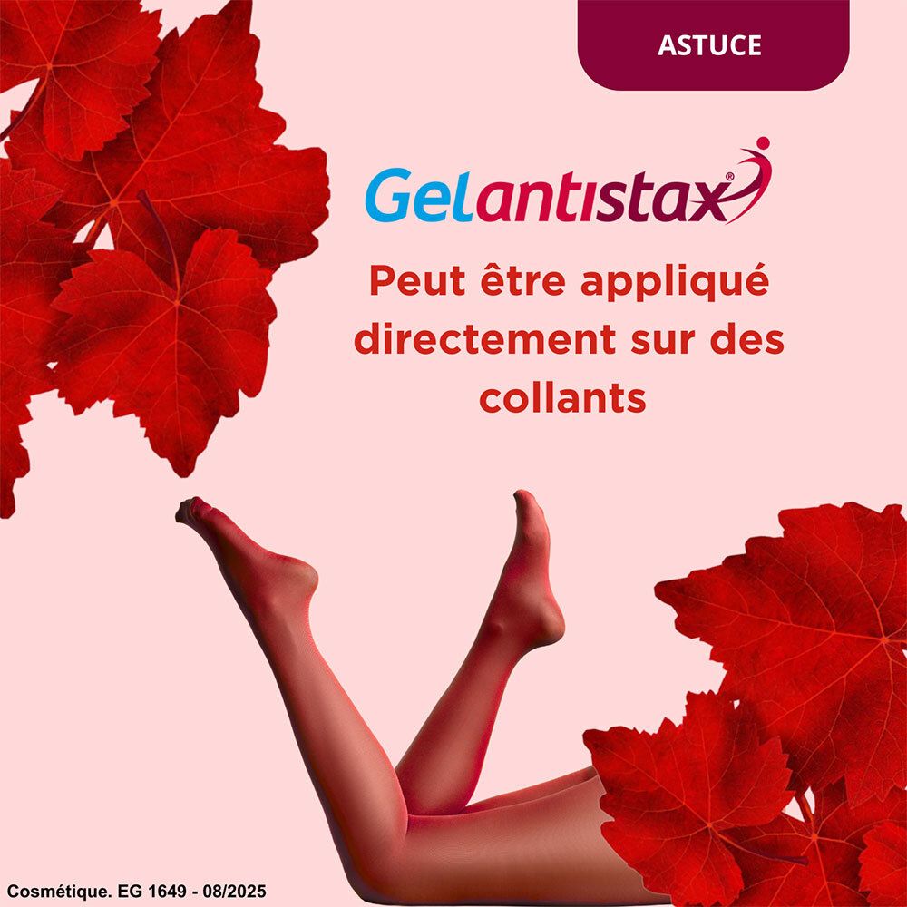 Jambes avec vigne rouge. Texte: Peut être appliqué directement sur les collants. Logo Gelantistax.