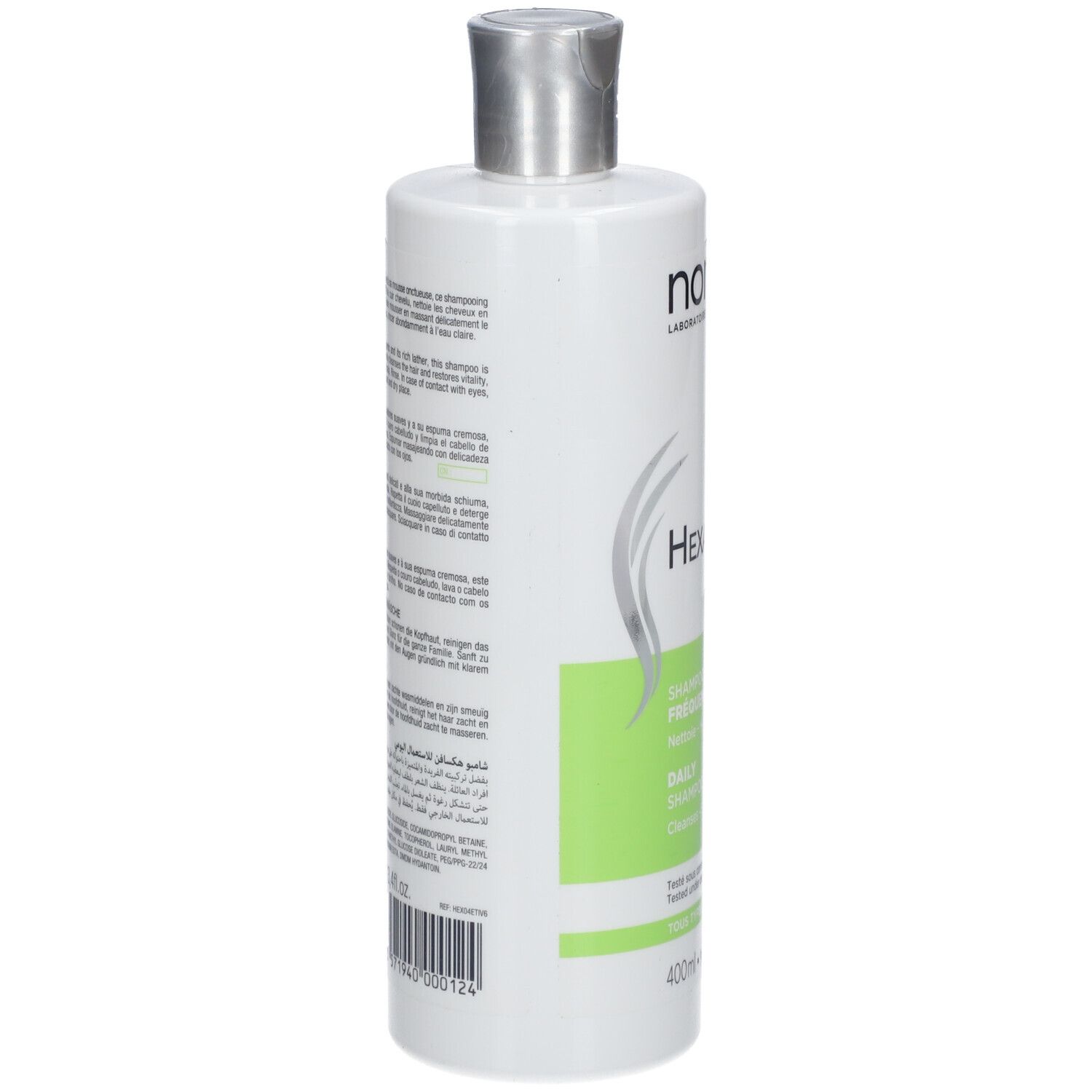 Dos d'un flacon blanc avec étiquette verte. Texte multilingue. 400ml. Avec bouchon argenté.