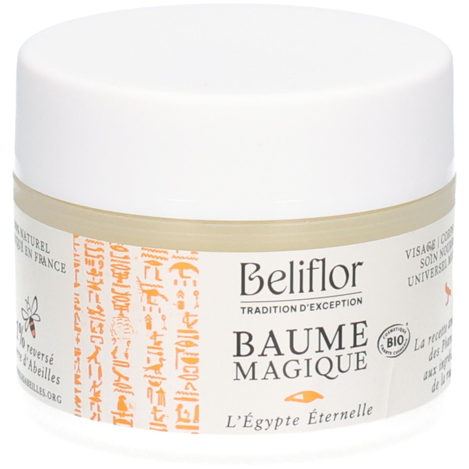Beliflor Baume Magique Bio : pot blanc avec étiquette ornée de hiéroglyphes égyptiens et d'une abeille.