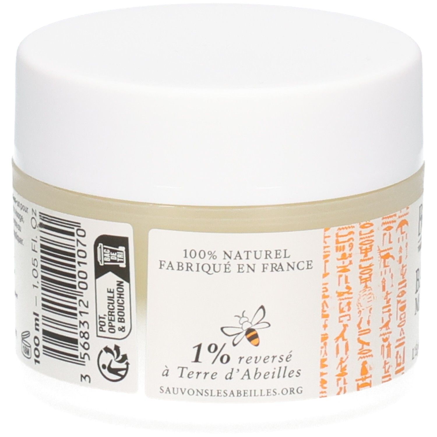 Beliflor Baume Magique Bio : Arrière du pot avec code-barres, indication 100ml et mention 1% reversé à Terre d'Abeilles.