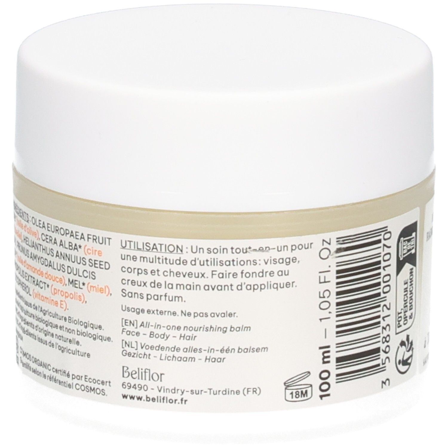 Beliflor Baume Magique Bio : Vue latérale du pot avec liste des ingrédients et instructions d'utilisation multilingues.