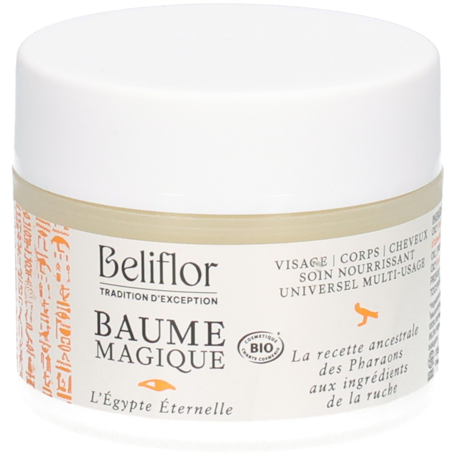 Beliflor Baume Magique Bio : Face avant du pot avec nom du produit, label Bio et mention recette ancestrale des Pharaons.