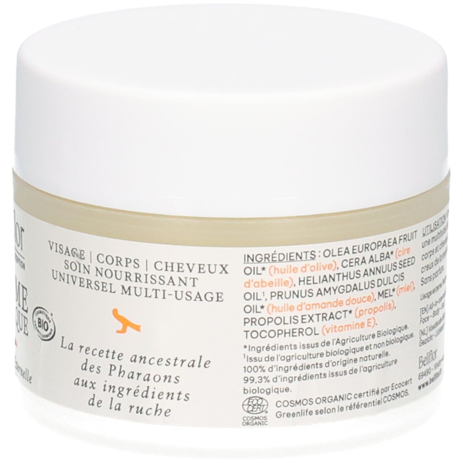 Beliflor Baume Magique Bio : Étiquette avec liste détaillée des ingrédients, dont huile d'olive, cire d'abeille et propolis.