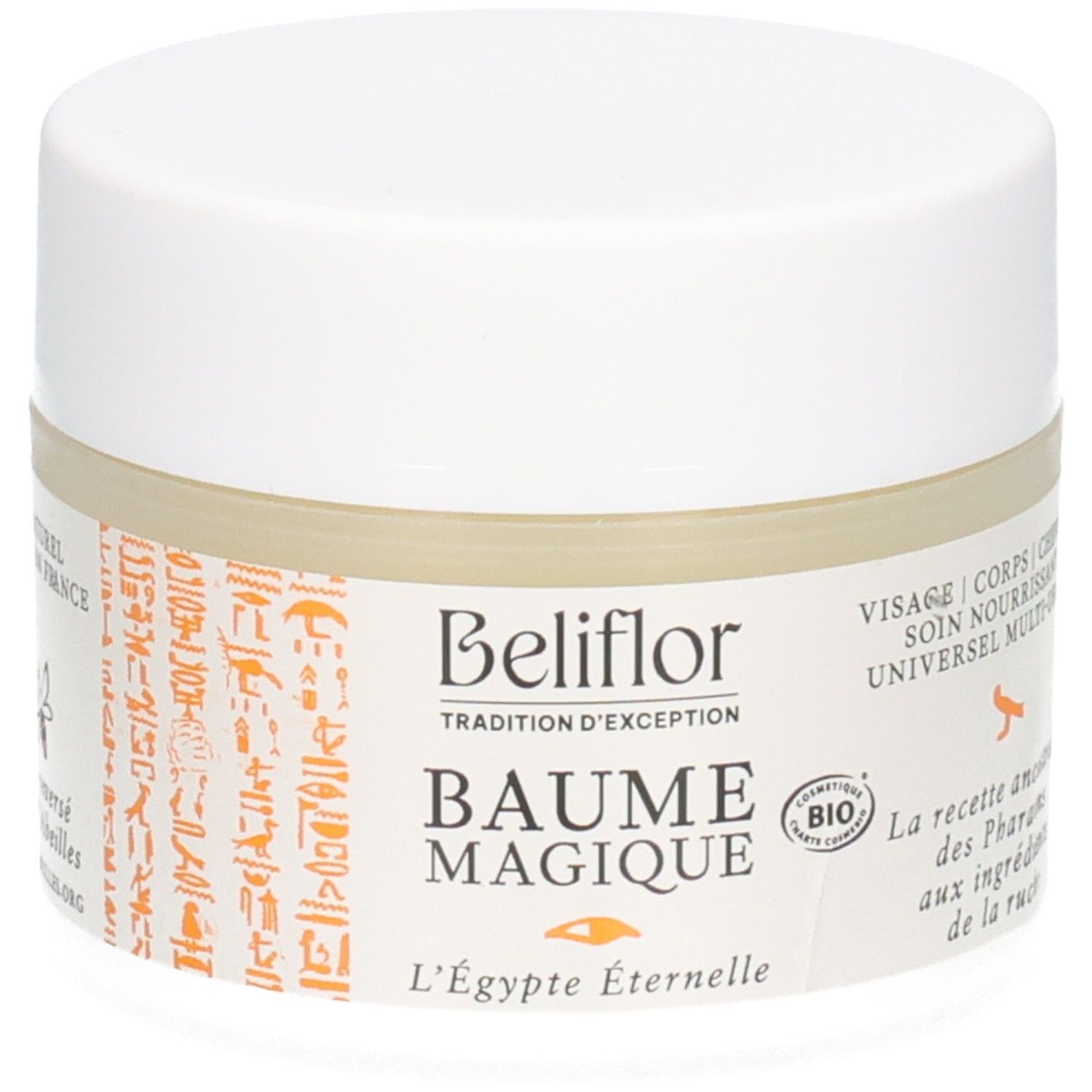 Beliflor Baume Magique Bio : Pot blanc avec couvercle blanc, étiquette aux motifs égyptiens et label Bio.
