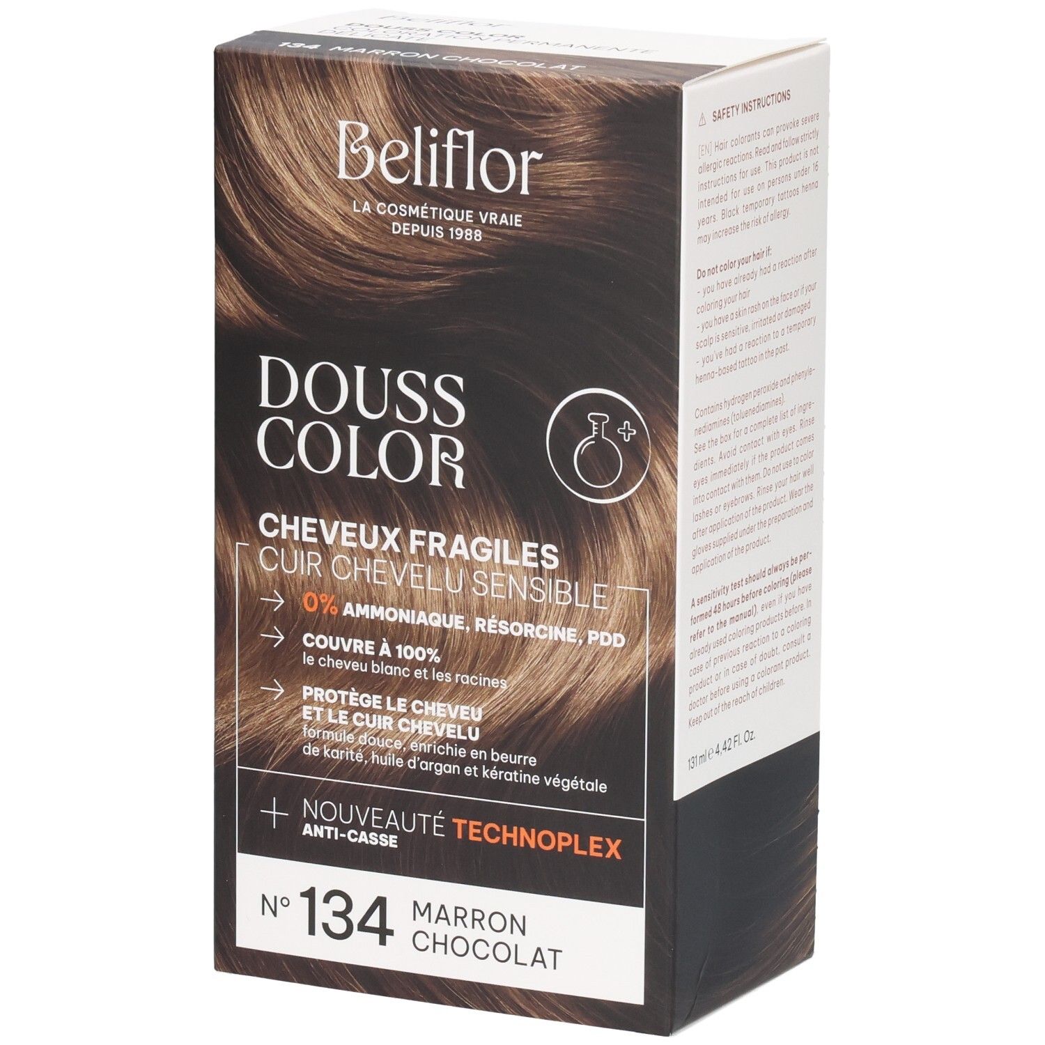 Beliflor Douss Color n°134 Marron Chocolat coloration. Boîte en carton avec illustration du produit.