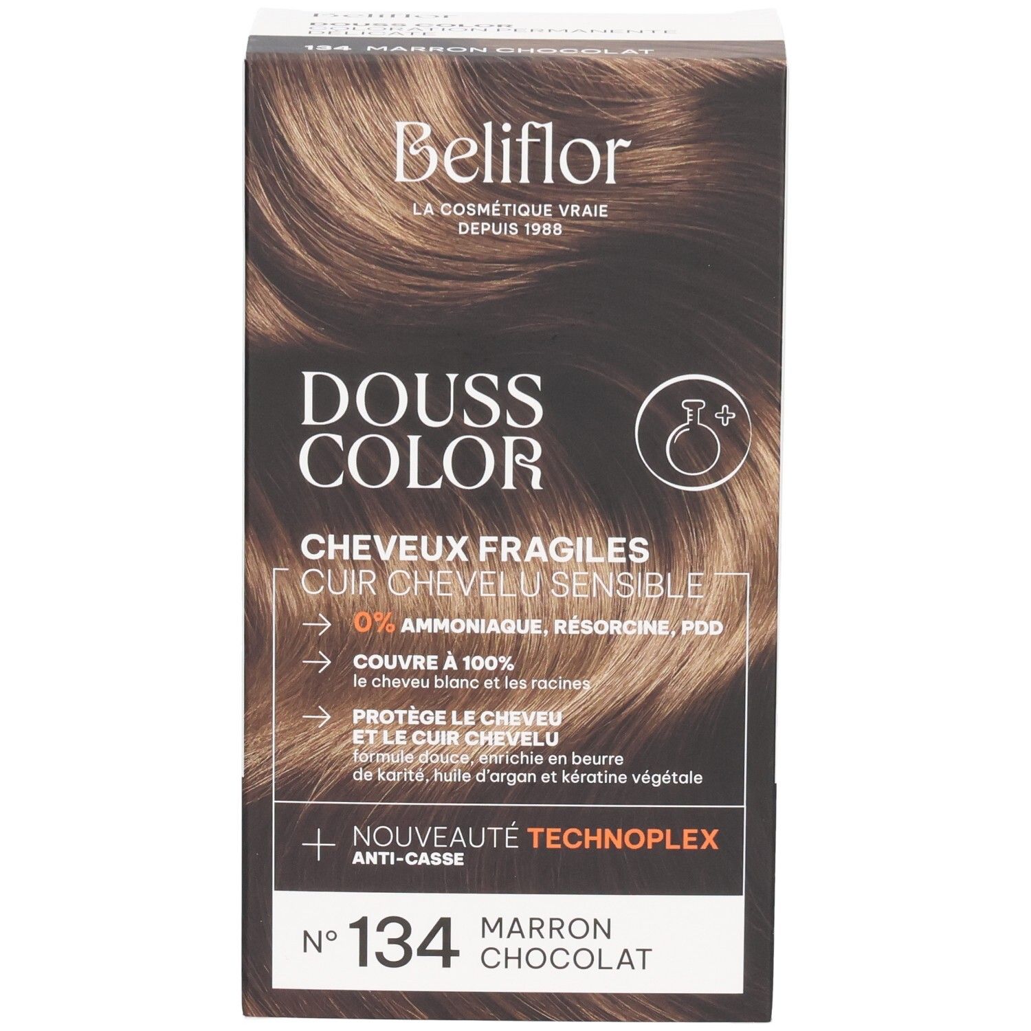 Beliflor Douss Color n°134 Marron Chocolat coloration. Façade de la boîte avec illustration du produit.