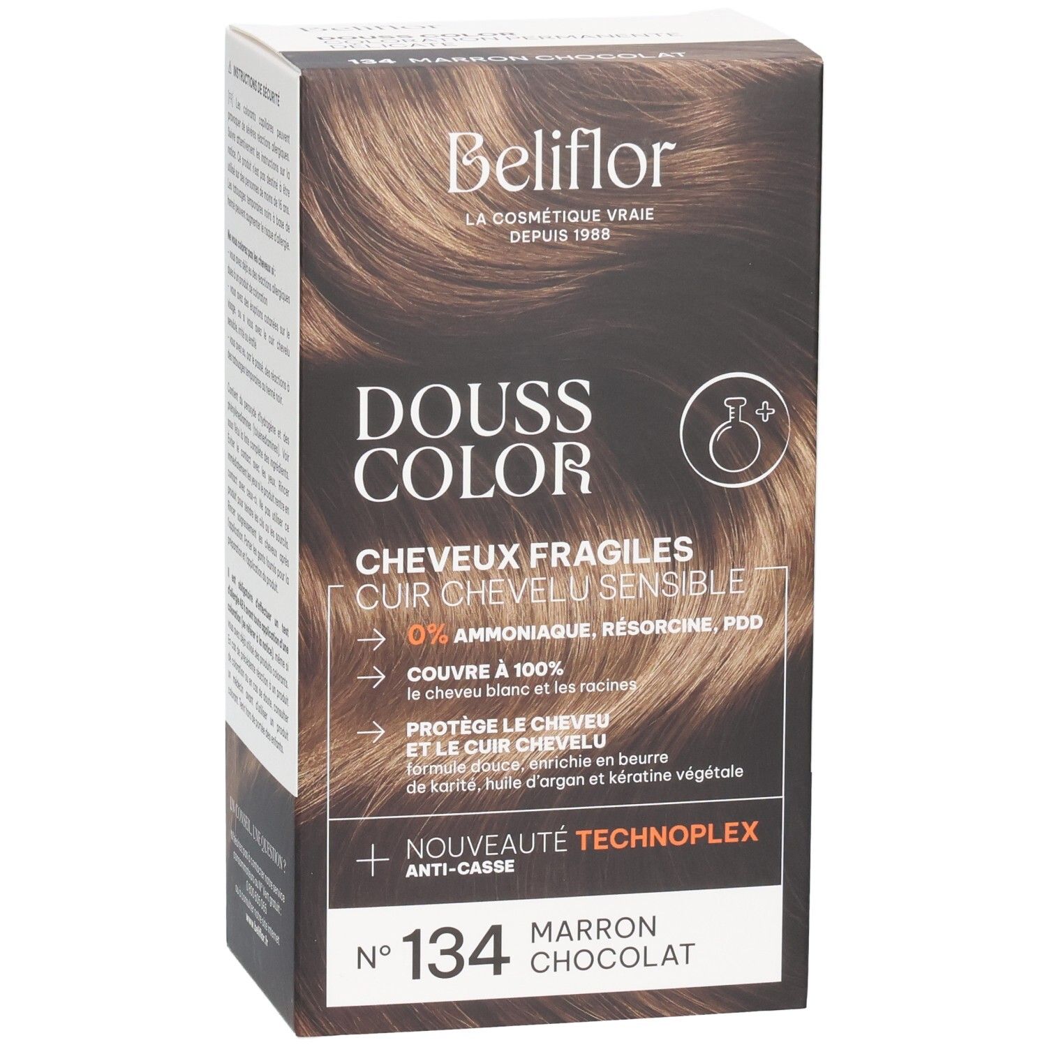 Beliflor Douss Color n°134 Marron Chocolat coloration. Façade de la boîte avec illustration du produit.
