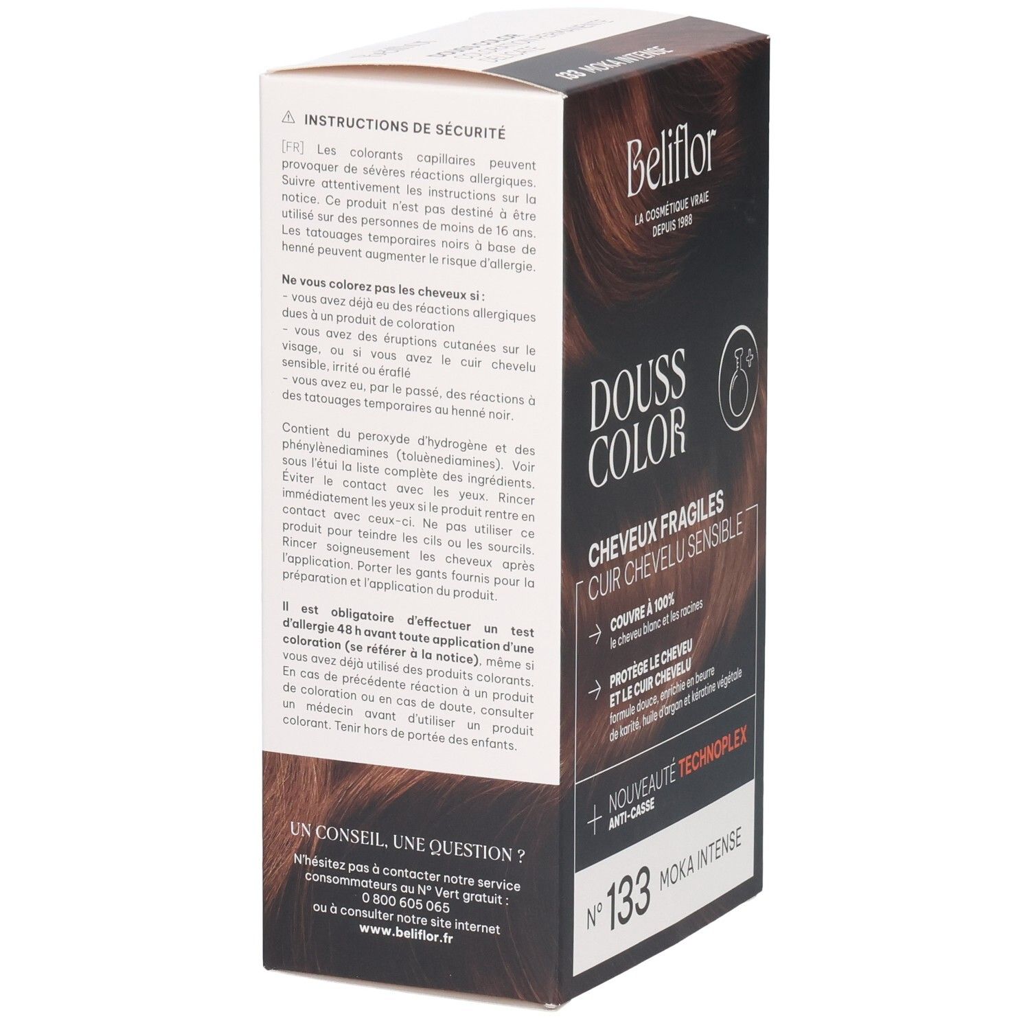 Arrière de la boîte Beliflor Douss Color n°133 Moka Intense avec instructions d'utilisation.