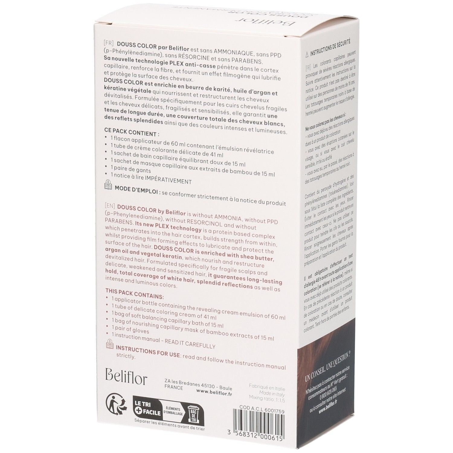 Vue latérale de la boîte Beliflor Douss Color n°133 Moka Intense indiquant le contenu.