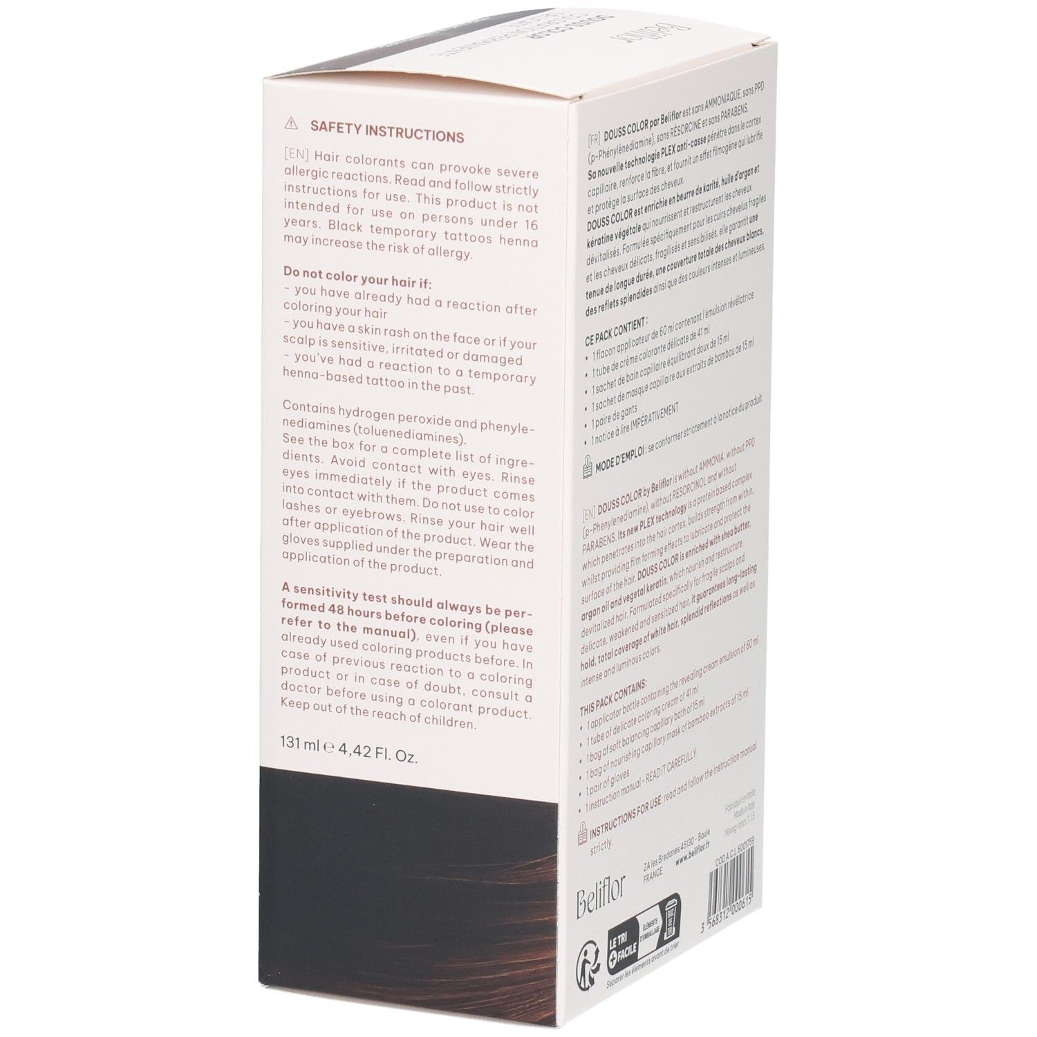 Vue latérale de la boîte Beliflor Douss Color n°133 Moka Intense avec consignes de sécurité.