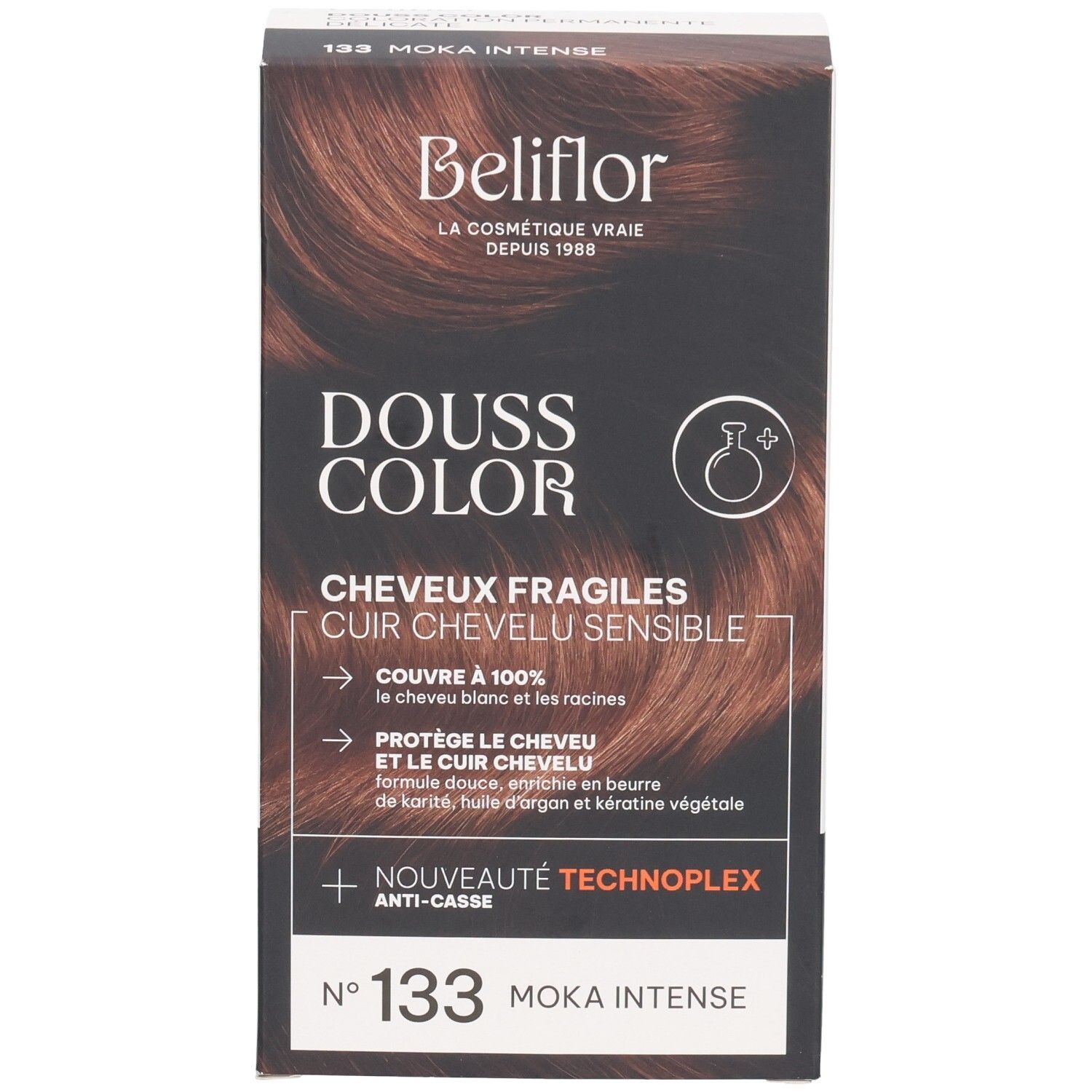 Face avant de la boîte Beliflor Douss Color n°133 Moka Intense avec image de cheveux bruns.