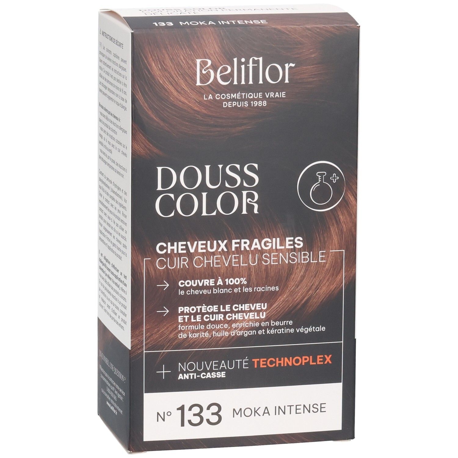 Boîte Beliflor Douss Color n°133 Moka Intense, face avant avec teinte et caractéristiques du produit.