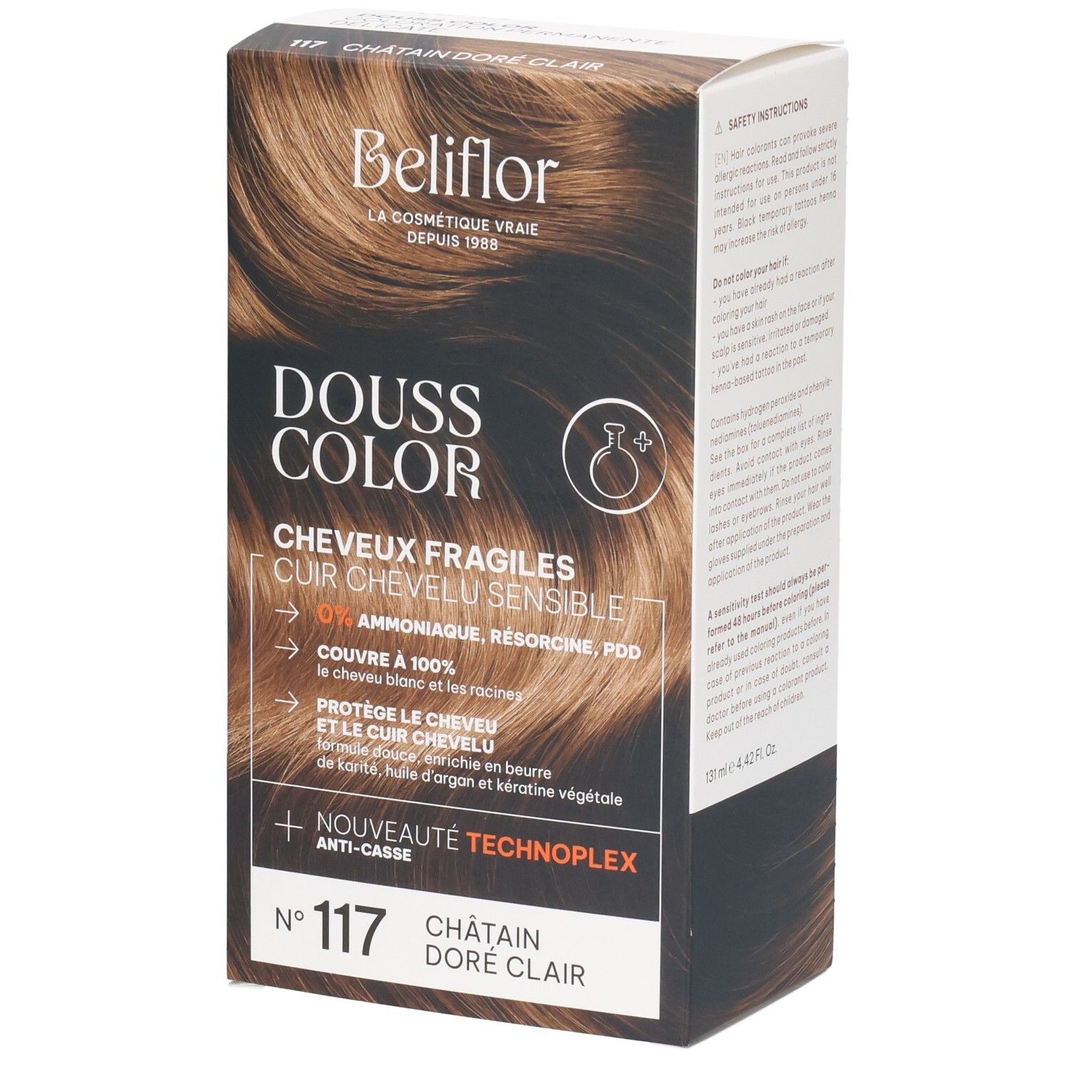 Boîte Beliflor Douss Color N°117 Châtain Doré Clair. Montre des cheveux bruns.