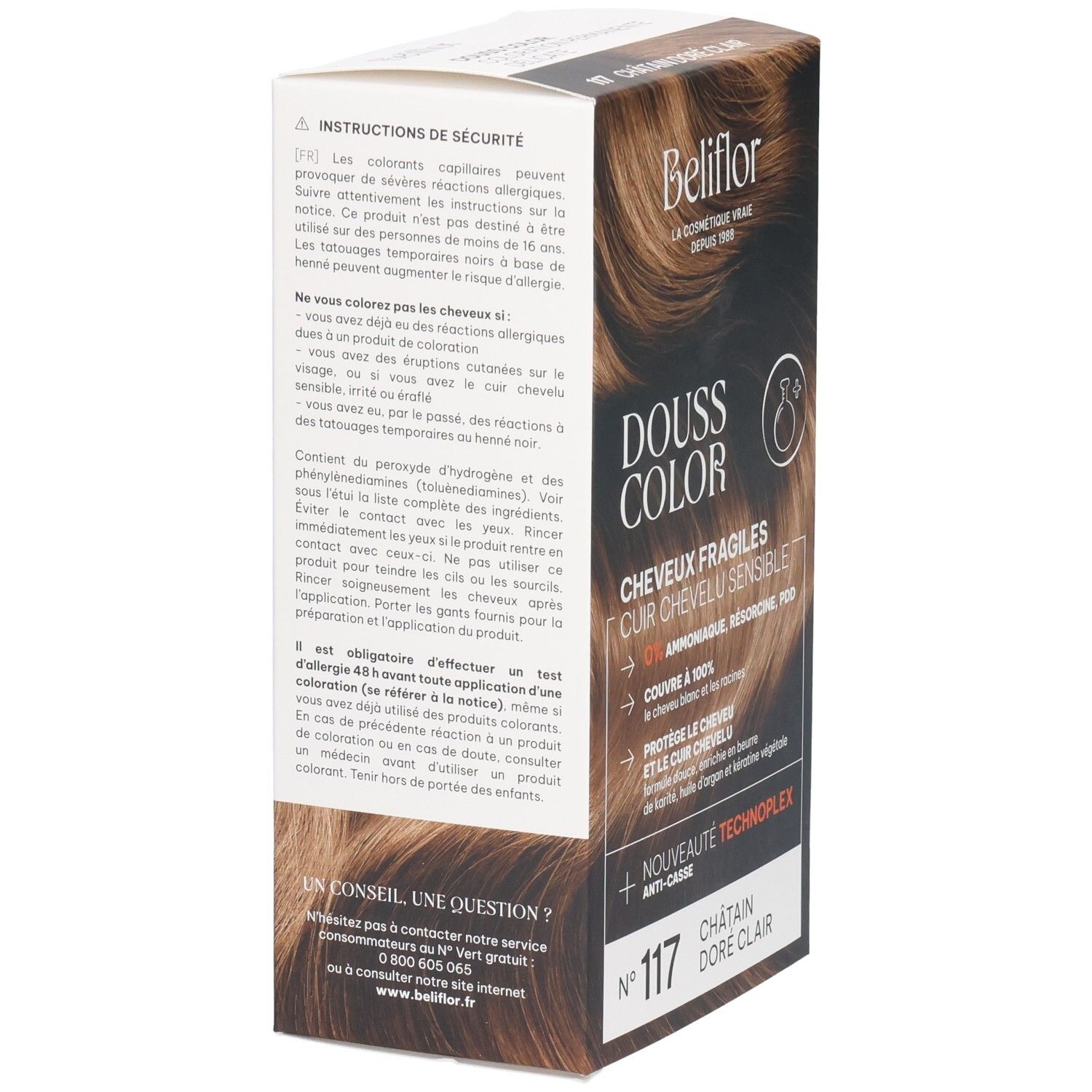 Boîte Beliflor Douss Color N°117 Châtain Doré Clair. Arrière avec instructions de sécurité et ingrédients.