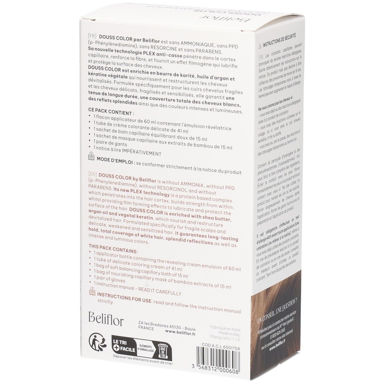Boîte Beliflor Douss Color N°117 Châtain Doré Clair. Côté avec informations produit et contenu.