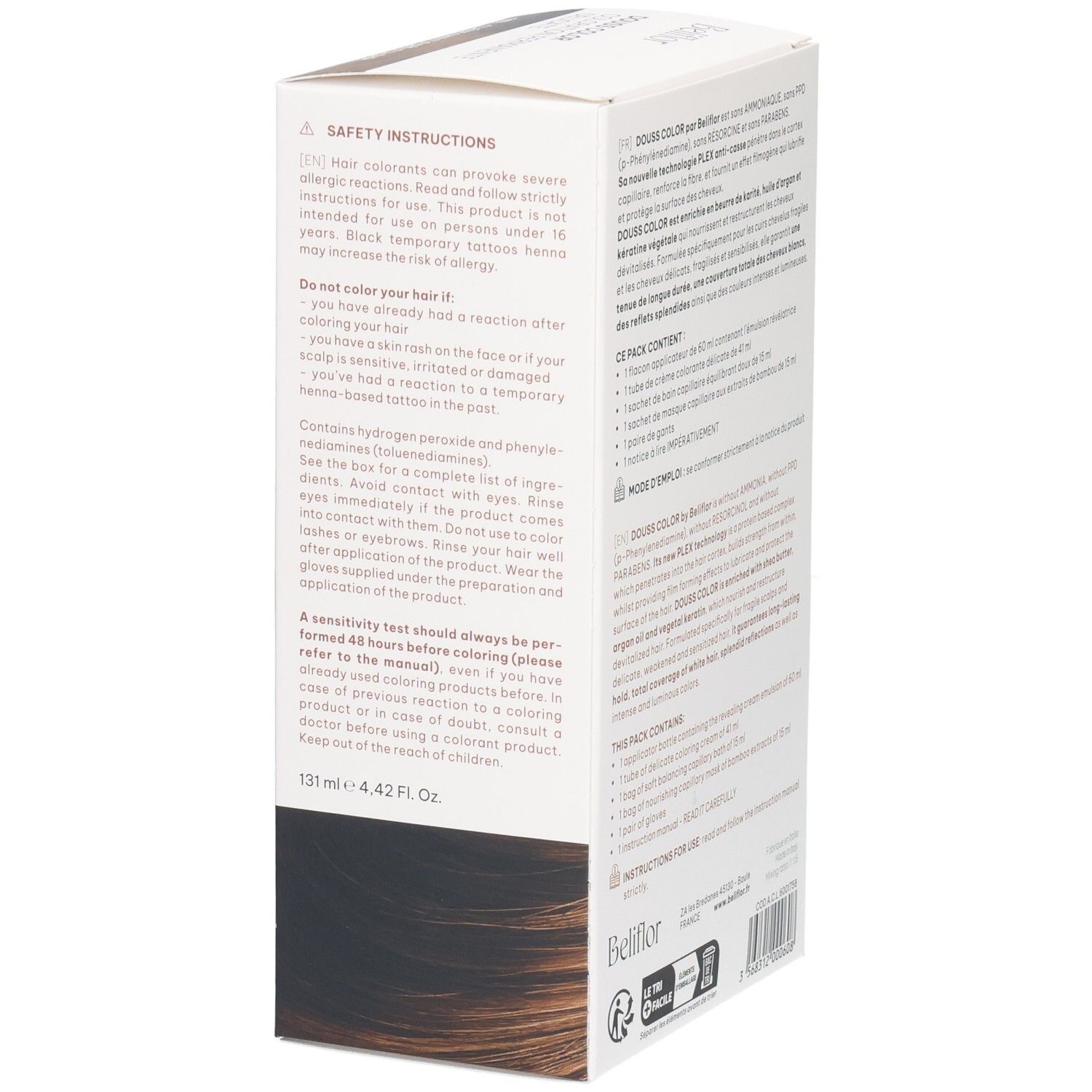 Boîte Beliflor Douss Color N°117 Châtain Doré Clair. Côté avec instructions de sécurité et contenu.