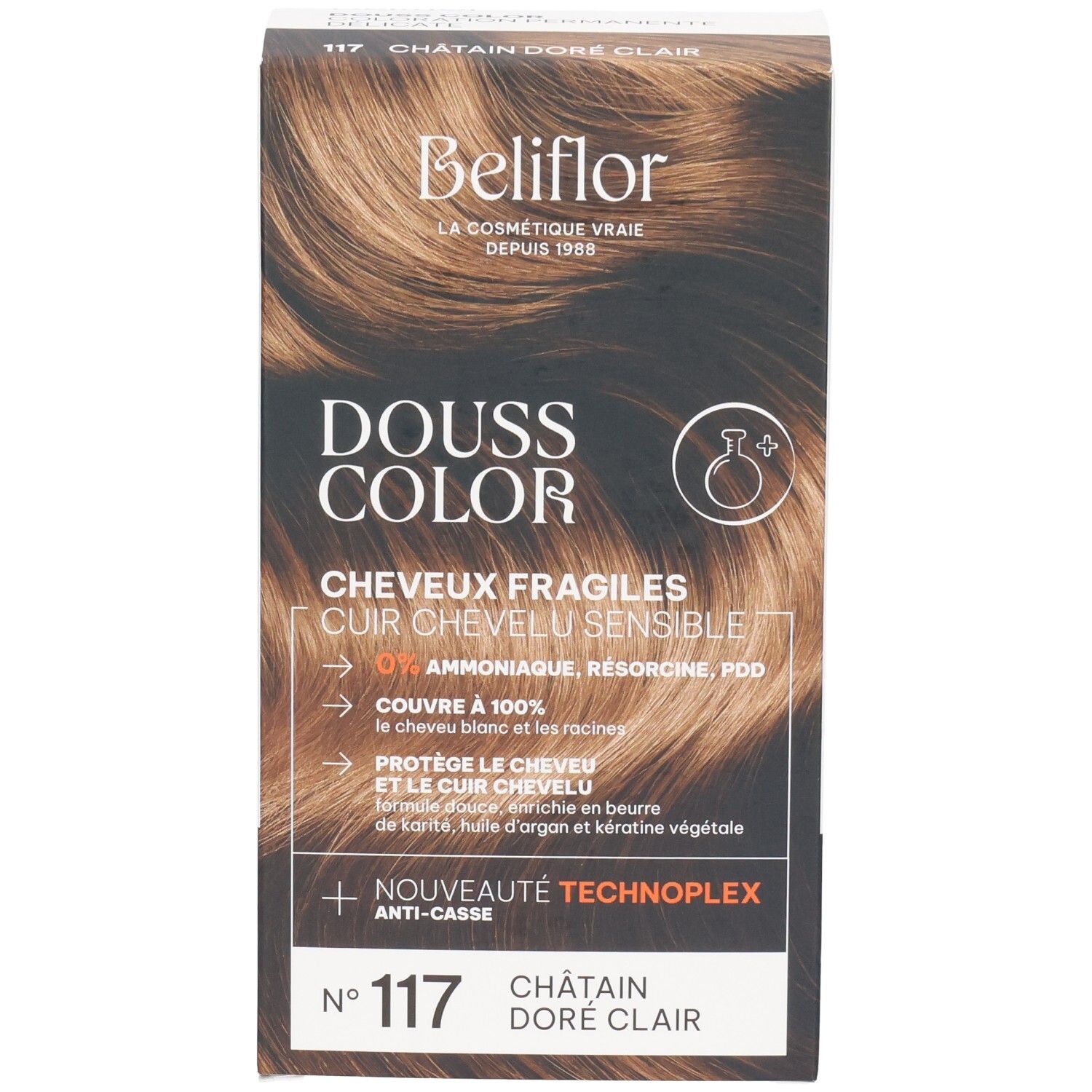 Boîte Beliflor Douss Color N°117 Châtain Doré Clair. Façade avec image produit et teinte.