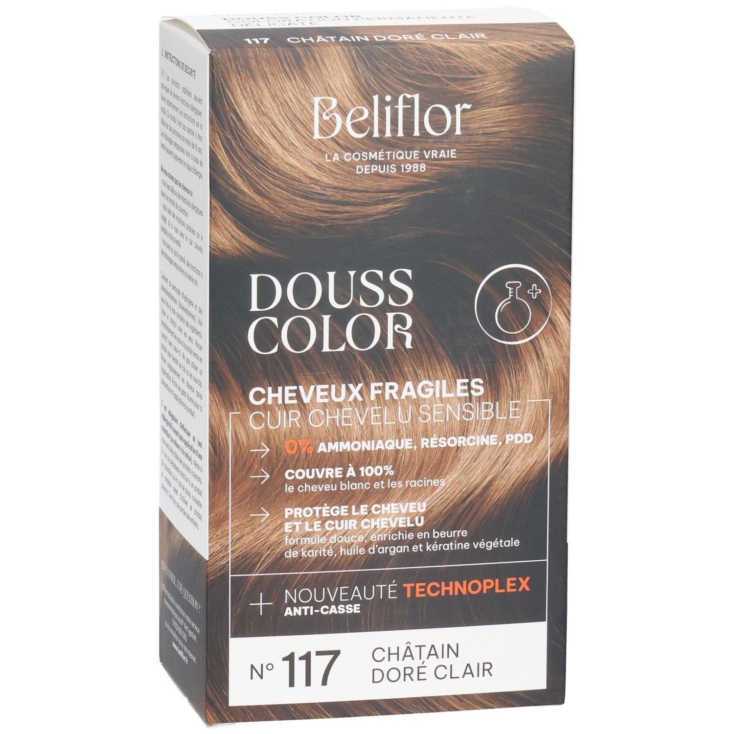 Boîte Beliflor Douss Color N°117 Châtain Doré Clair. Façade avec image produit et teinte.