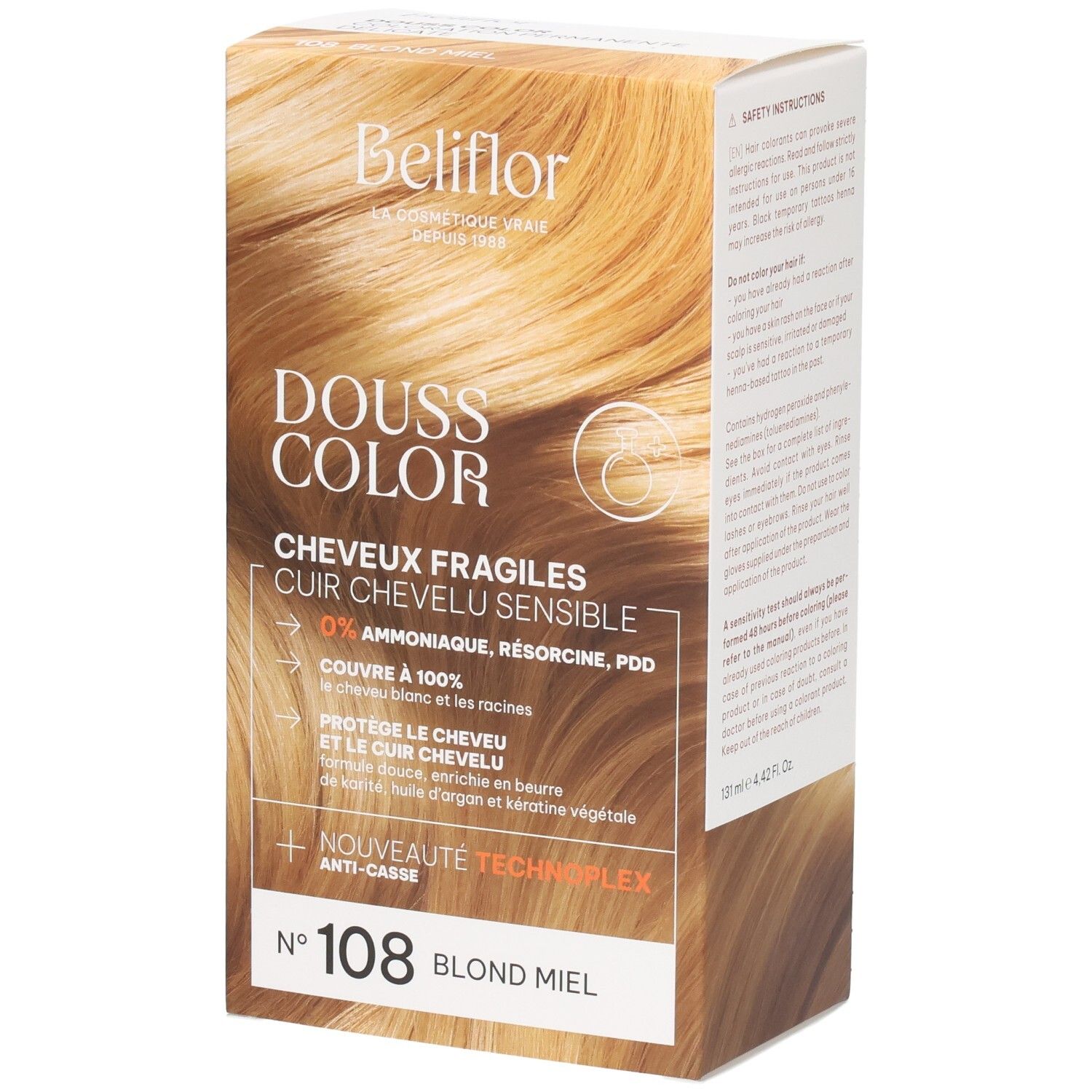 Boîte de coloration Beliflor Douss Color n°108 Blond Miel. Pour cheveux et cuir chevelu sensibles.