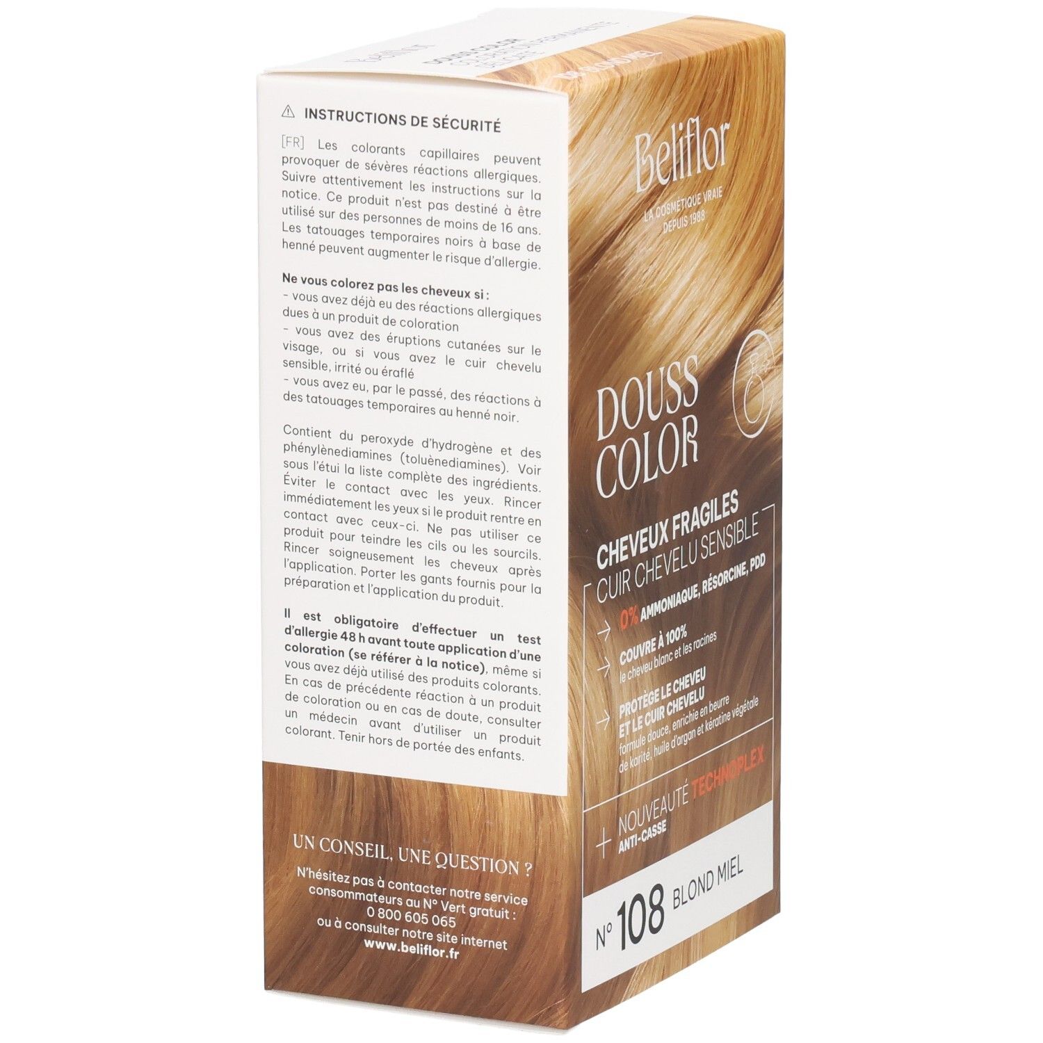Arrière de la boîte de coloration Beliflor Douss Color n°108 Blond Miel avec instructions.