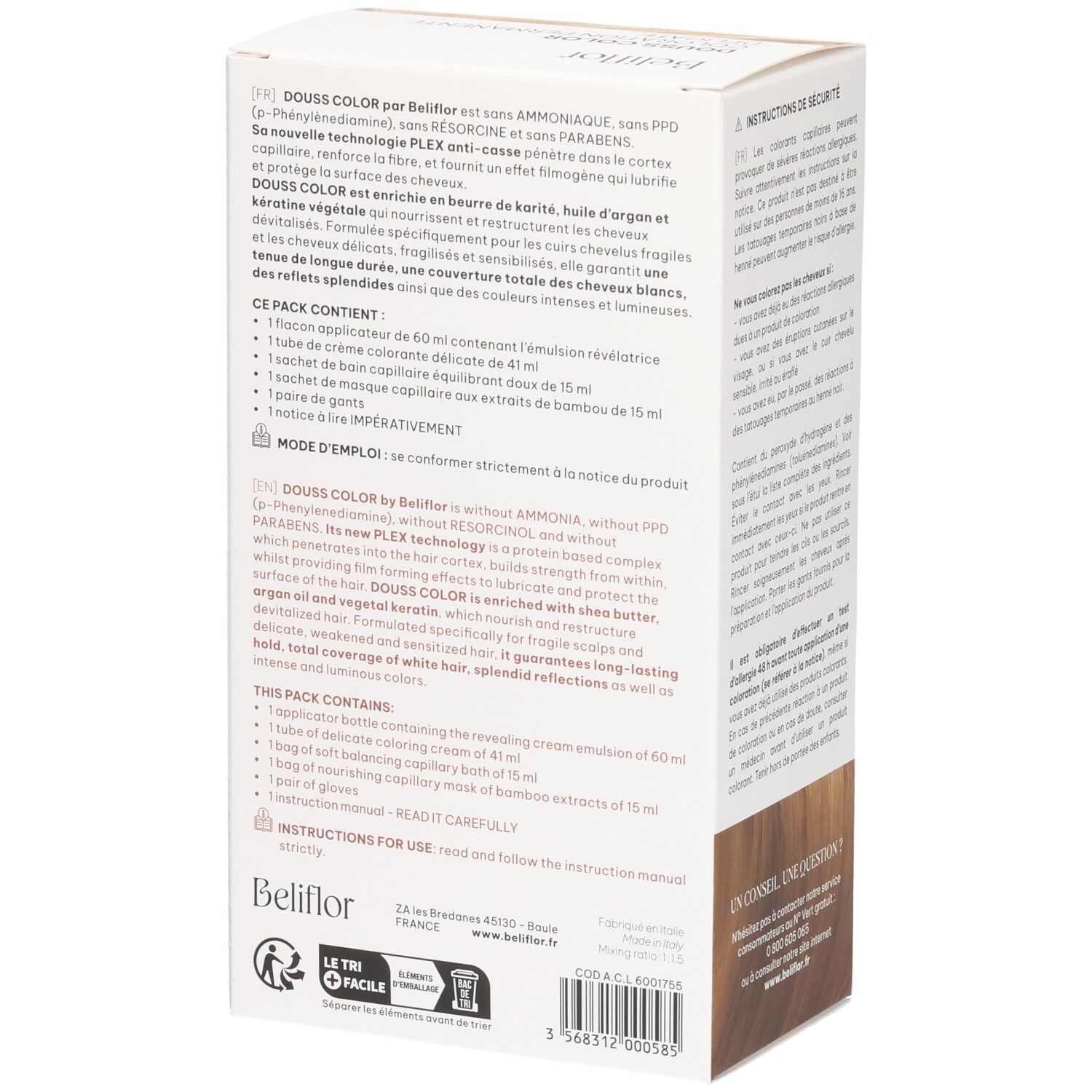 Vue latérale de la boîte Beliflor Douss Color n°108 Blond Miel avec liste du contenu.