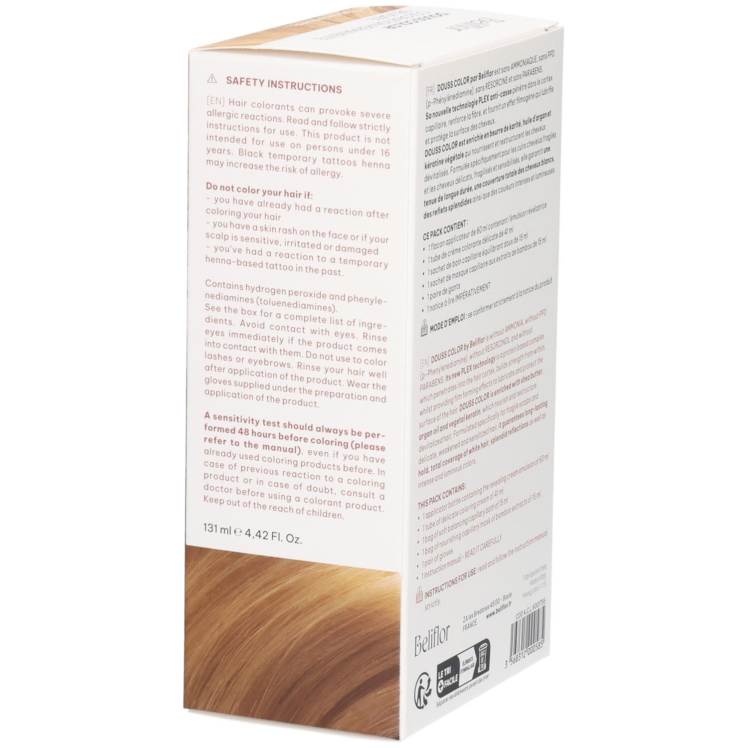 Vue latérale de la boîte Beliflor Douss Color n°108 Blond Miel avec consignes de sécurité.