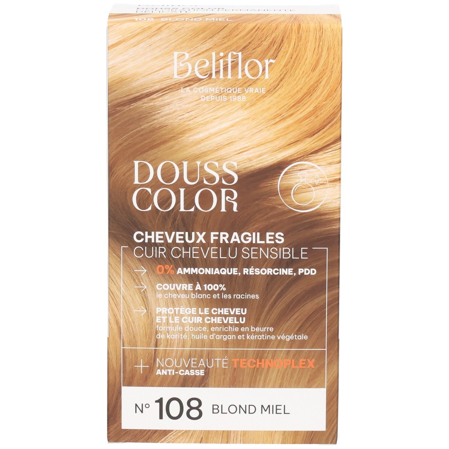 Face avant de la boîte Beliflor Douss Color n°108 Blond Miel. 0% ammoniaque.