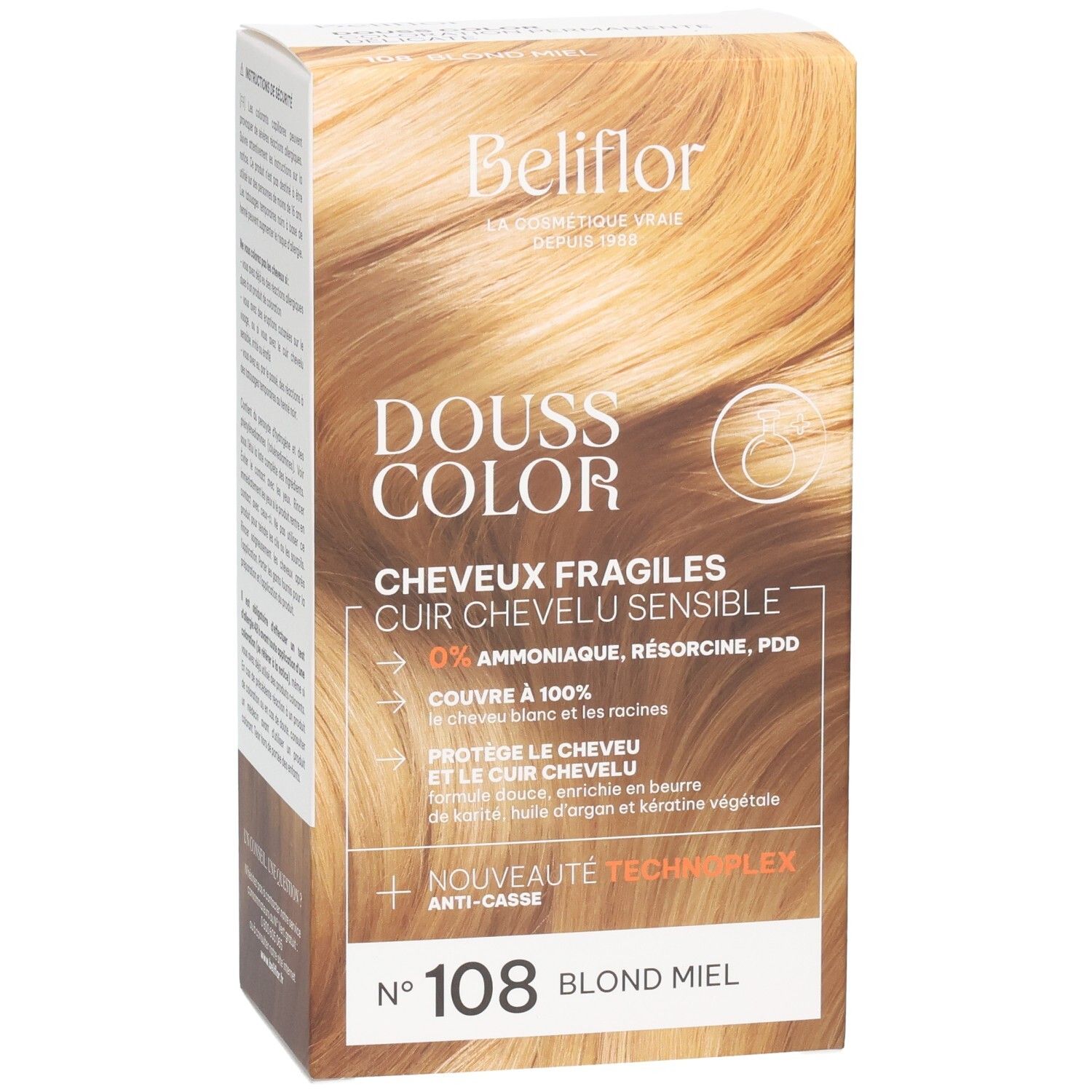 Face avant de la boîte Beliflor Douss Color n°108 Blond Miel. 0% ammoniaque.