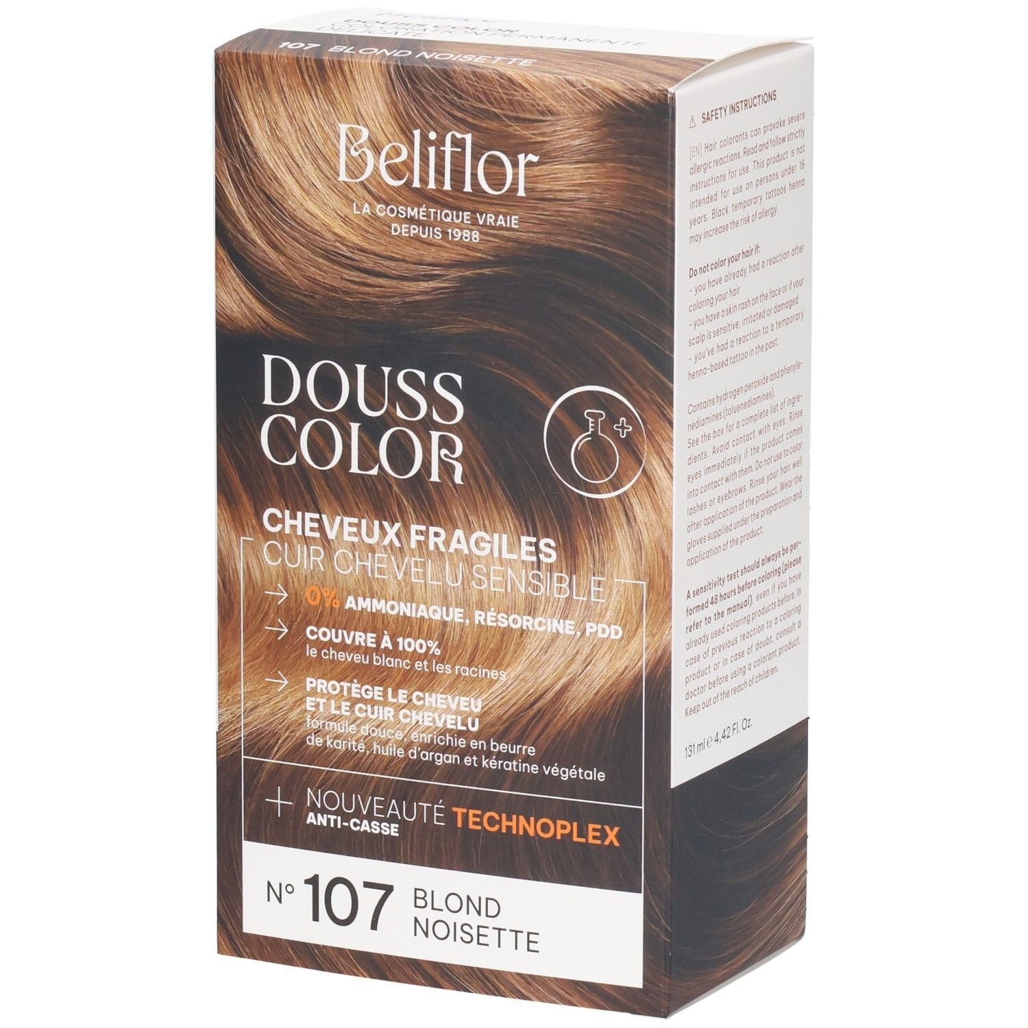 Boîte de coloration Beliflor Douss Color n°107 Blond Noisette avec image de cheveux bruns.