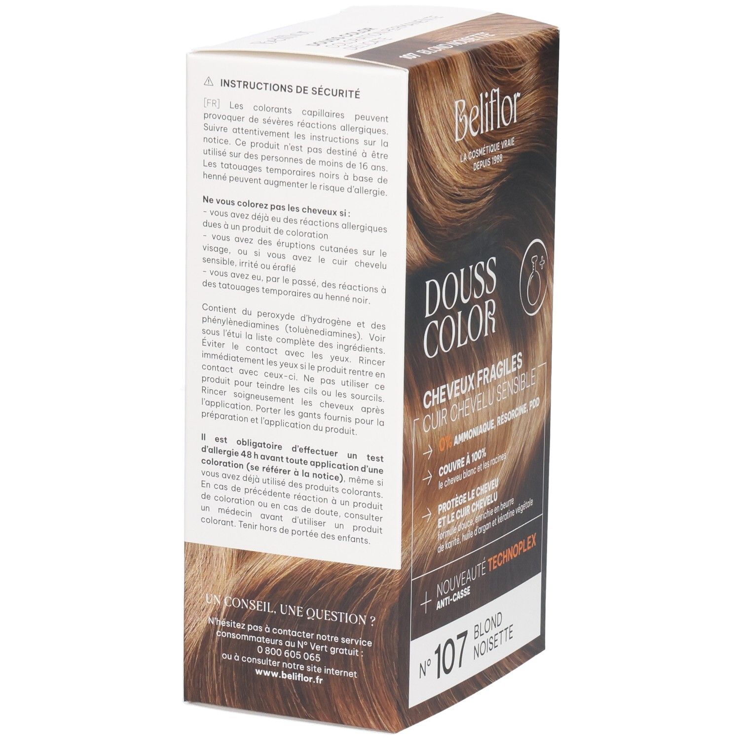 Arrière de la boîte Beliflor Douss Color n°107 Blond Noisette avec instructions de sécurité.