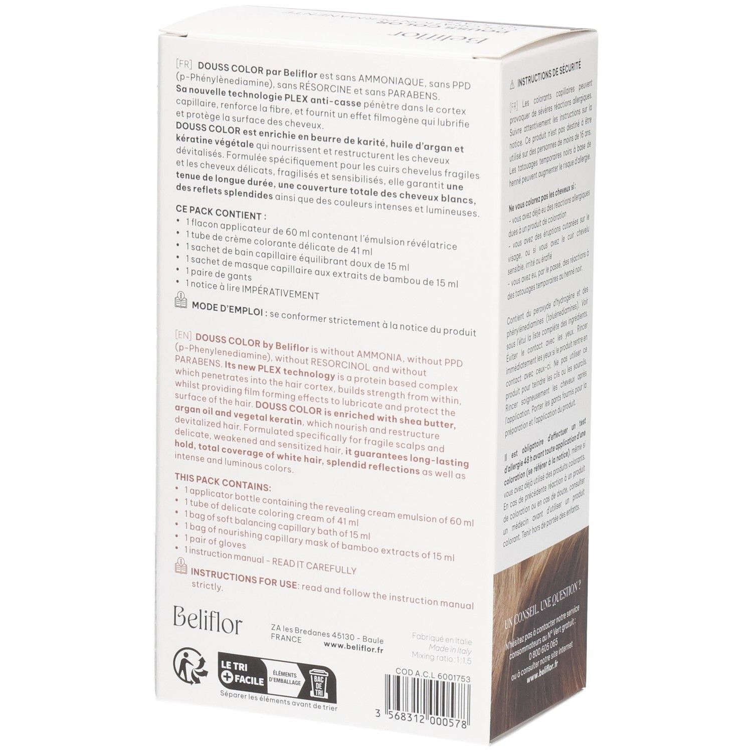 Vue latérale de la boîte Beliflor Douss Color n°107 Blond Noisette avec liste du contenu.