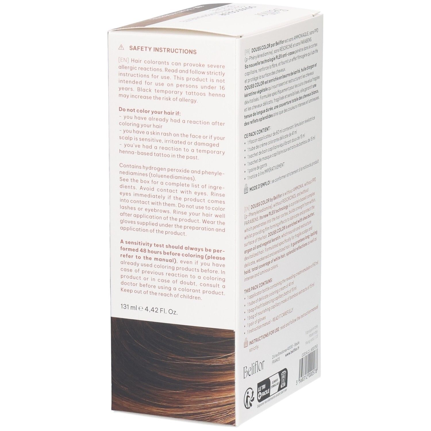 Vue latérale de la boîte Beliflor Douss Color n°107 Blond Noisette avec instructions de sécurité.