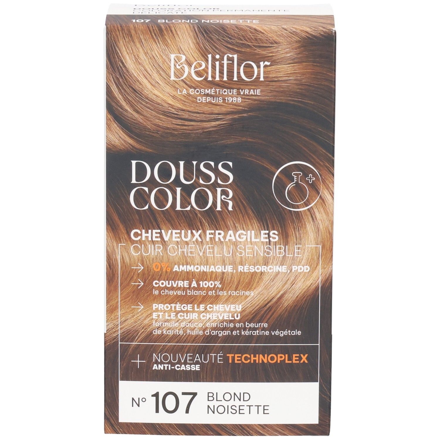 Avant de la boîte Beliflor Douss Color n°107 Blond Noisette avec image de cheveux blonds.
