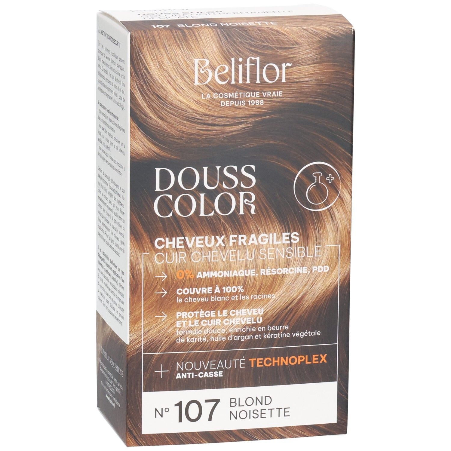 Avant de la boîte Beliflor Douss Color n°107 Blond Noisette avec image de cheveux blonds.