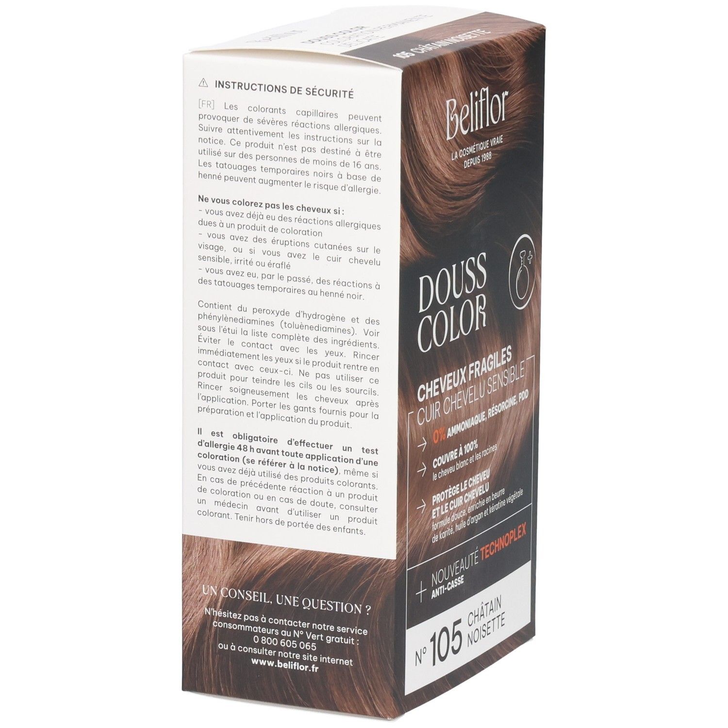 Arrière de l'emballage Beliflor Douss Color n°105 Châtain Noisette avec instructions.