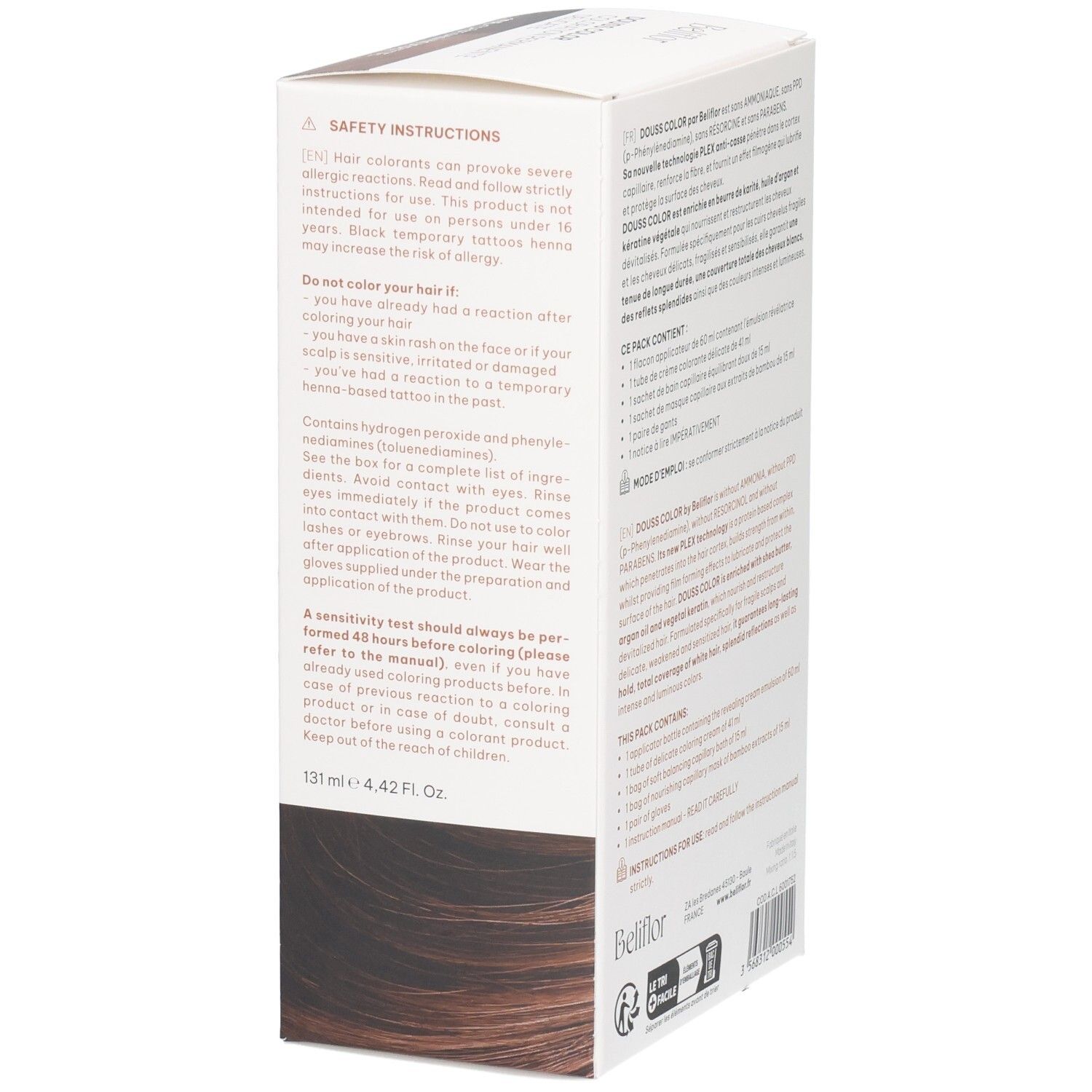 Vue latérale de l'emballage Beliflor Douss Color n°105 Châtain Noisette avec consignes de sécurité.