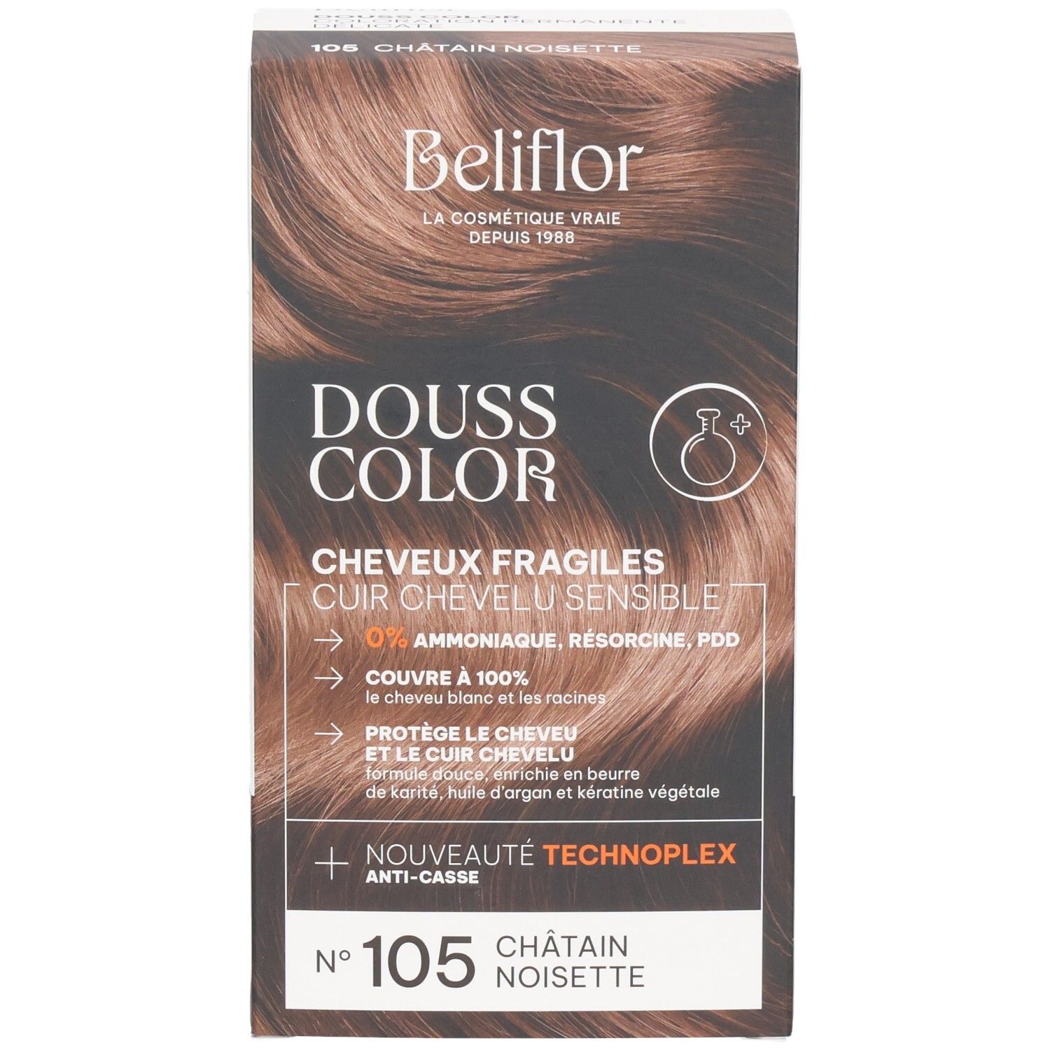 Face avant de l'emballage Beliflor Douss Color n°105 Châtain Noisette.