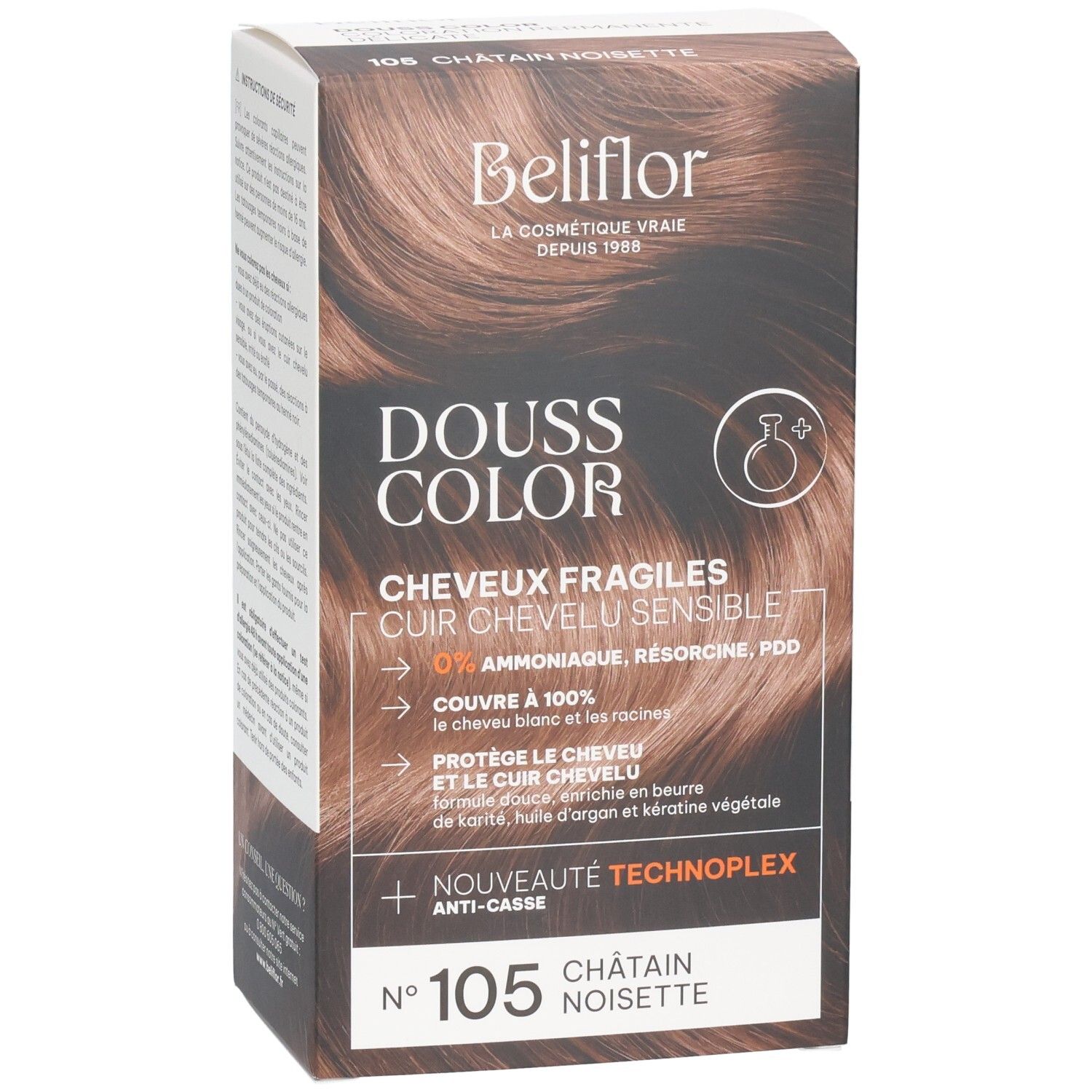 Face avant de l'emballage Beliflor Douss Color n°105 Châtain Noisette.