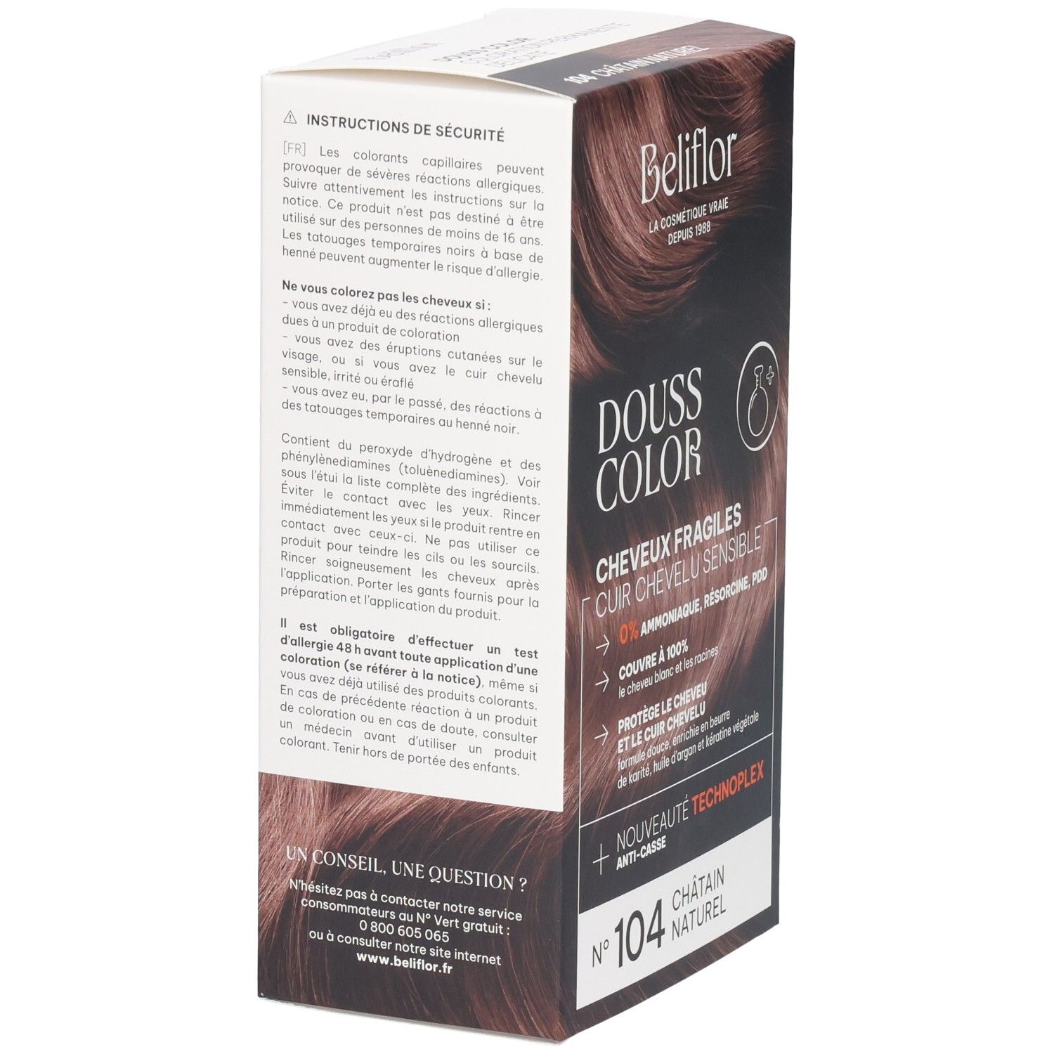 Emballage Beliflor Douss Color N°104 Châtain Naturel, verso avec instructions.