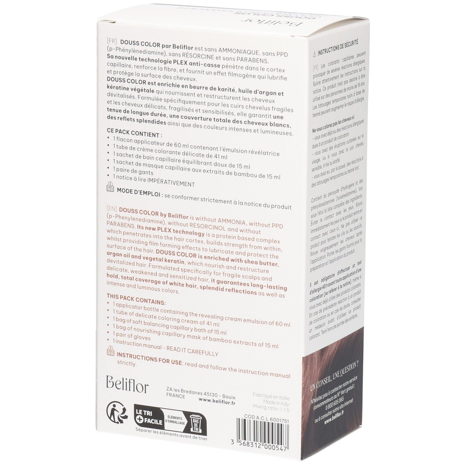 Emballage Beliflor Douss Color N°104 Châtain Naturel, vue latérale avec contenu.